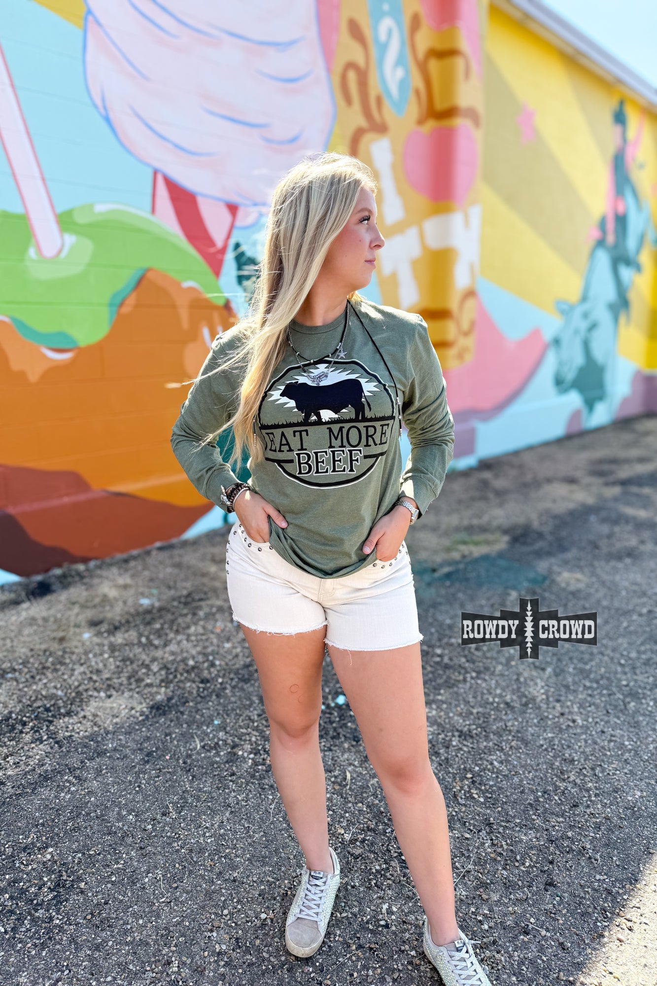 Rowdy Crowd Eat More Beef Long Sleeve tee with bold cattle graphic