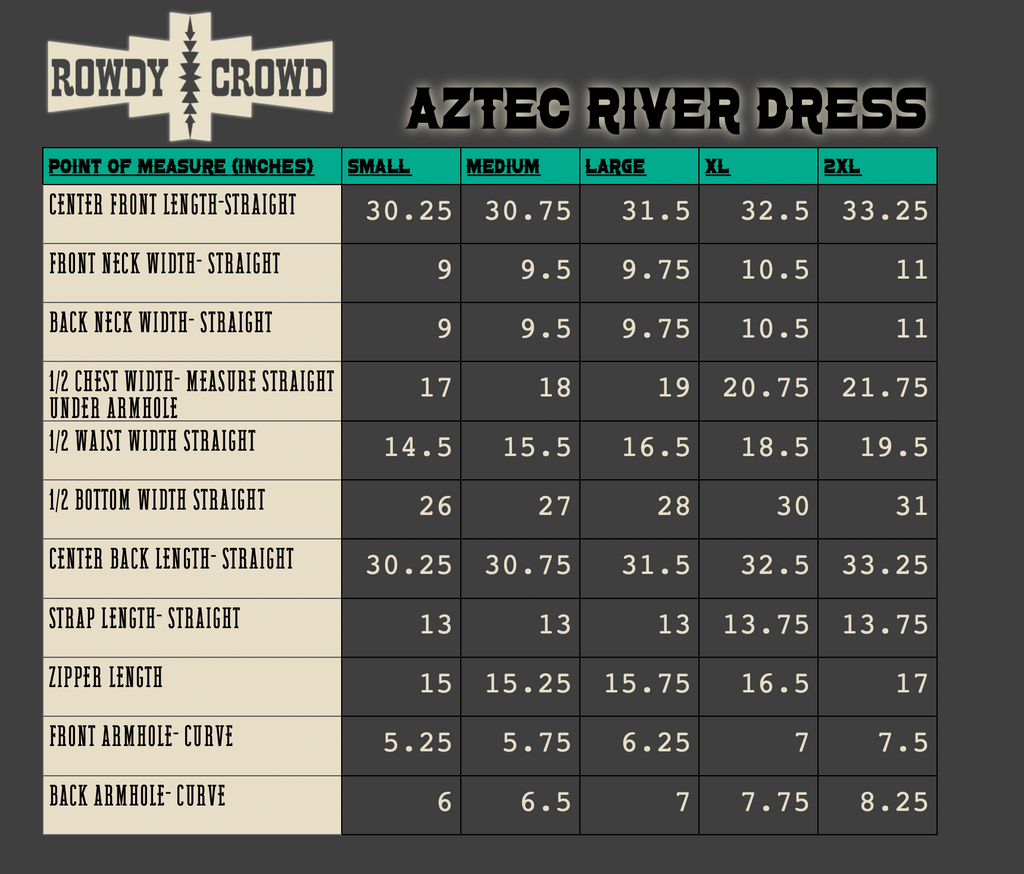 Measurement chart for Aztec River Dress by Rowdy Crowd with size specifications.