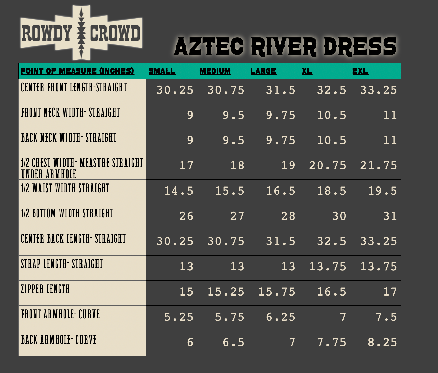 Measurement chart for Aztec River Dress by Rowdy Crowd with size specifications.