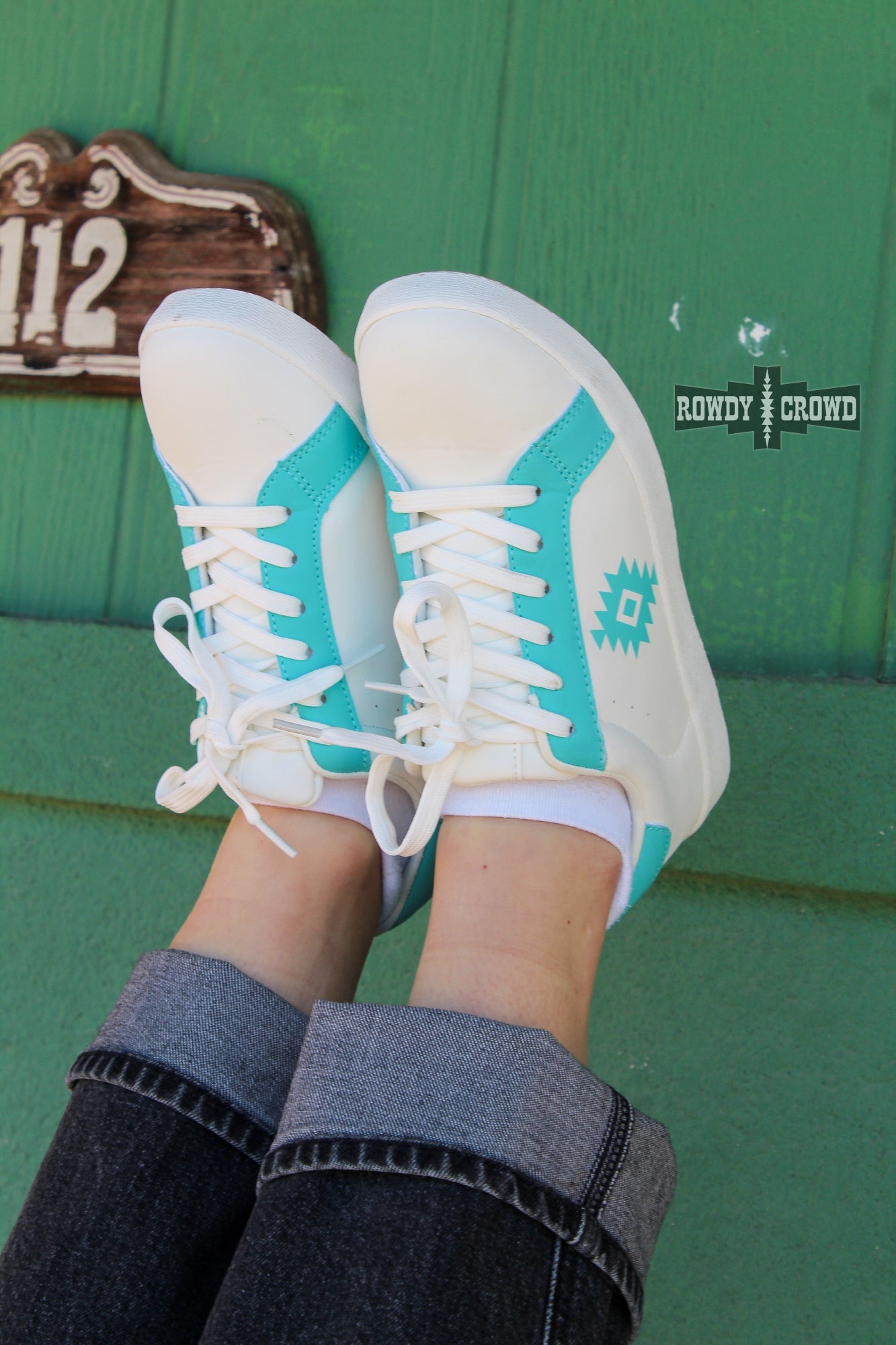 Rowdy Crowd Western Aztec Sky Sneaker basic white sneaker turquoise pops Aztec Design