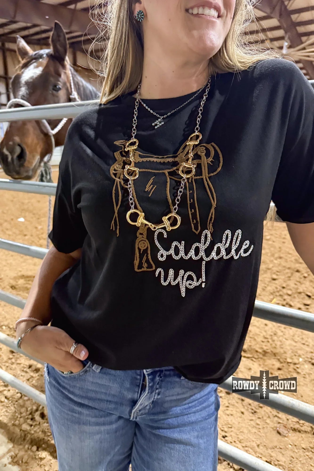 western cowgirl necklace with three horse bit charms on mixed metal chain