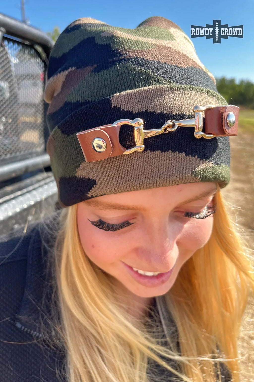 Western camo knit beanie crowned with a gold snaffle bit-Rowdy Crowd