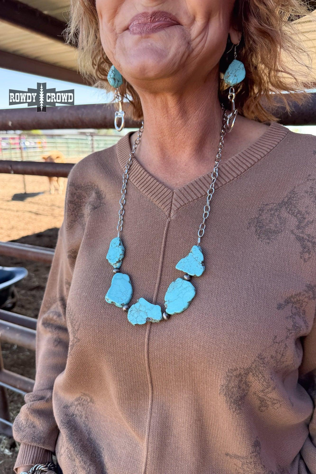 Western cowgirl necklace, 29.5 inch length, turquoise stones linked on silver chain