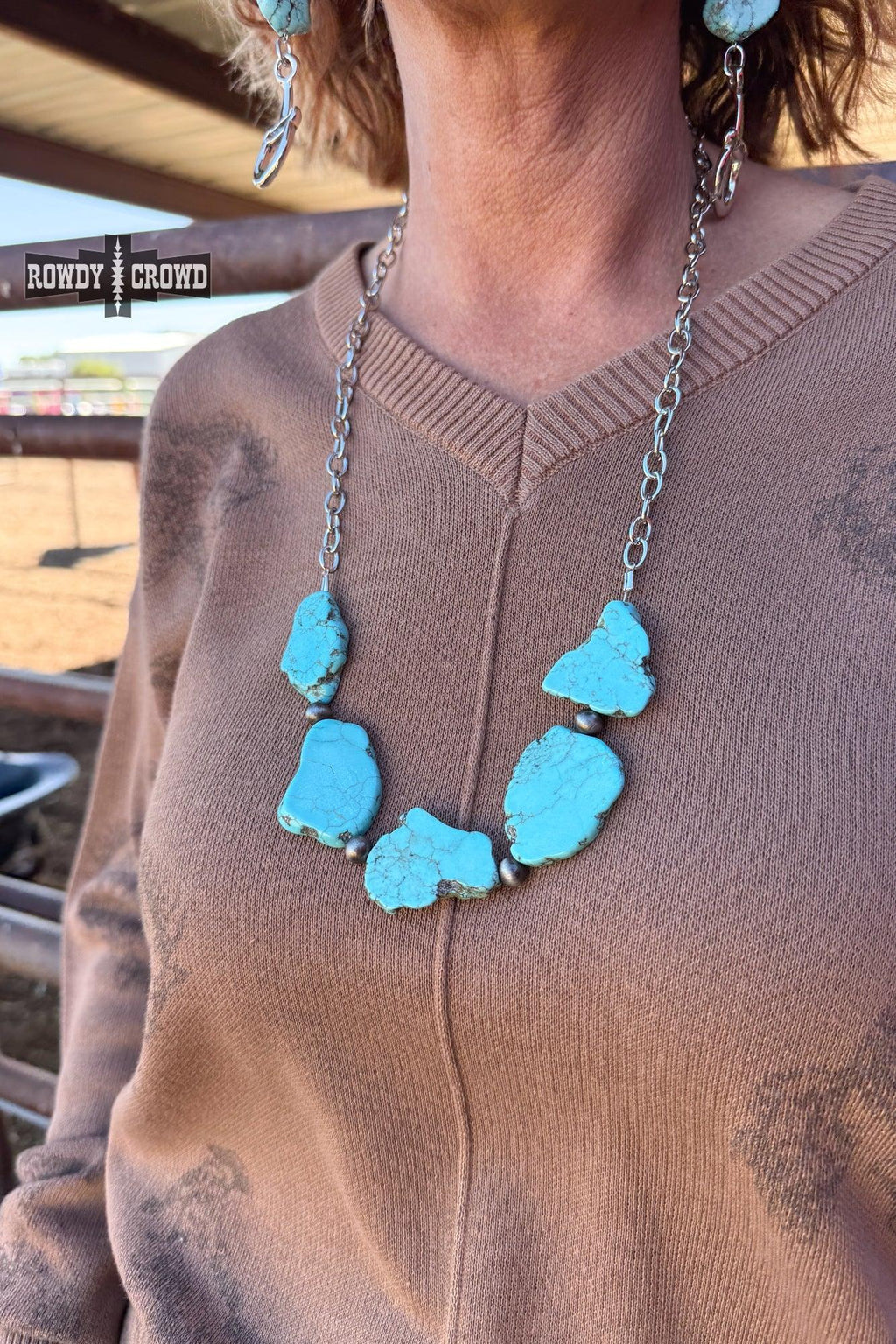 Western cowgirl necklace, 29.5 inch length, turquoise stones linked on silver chain