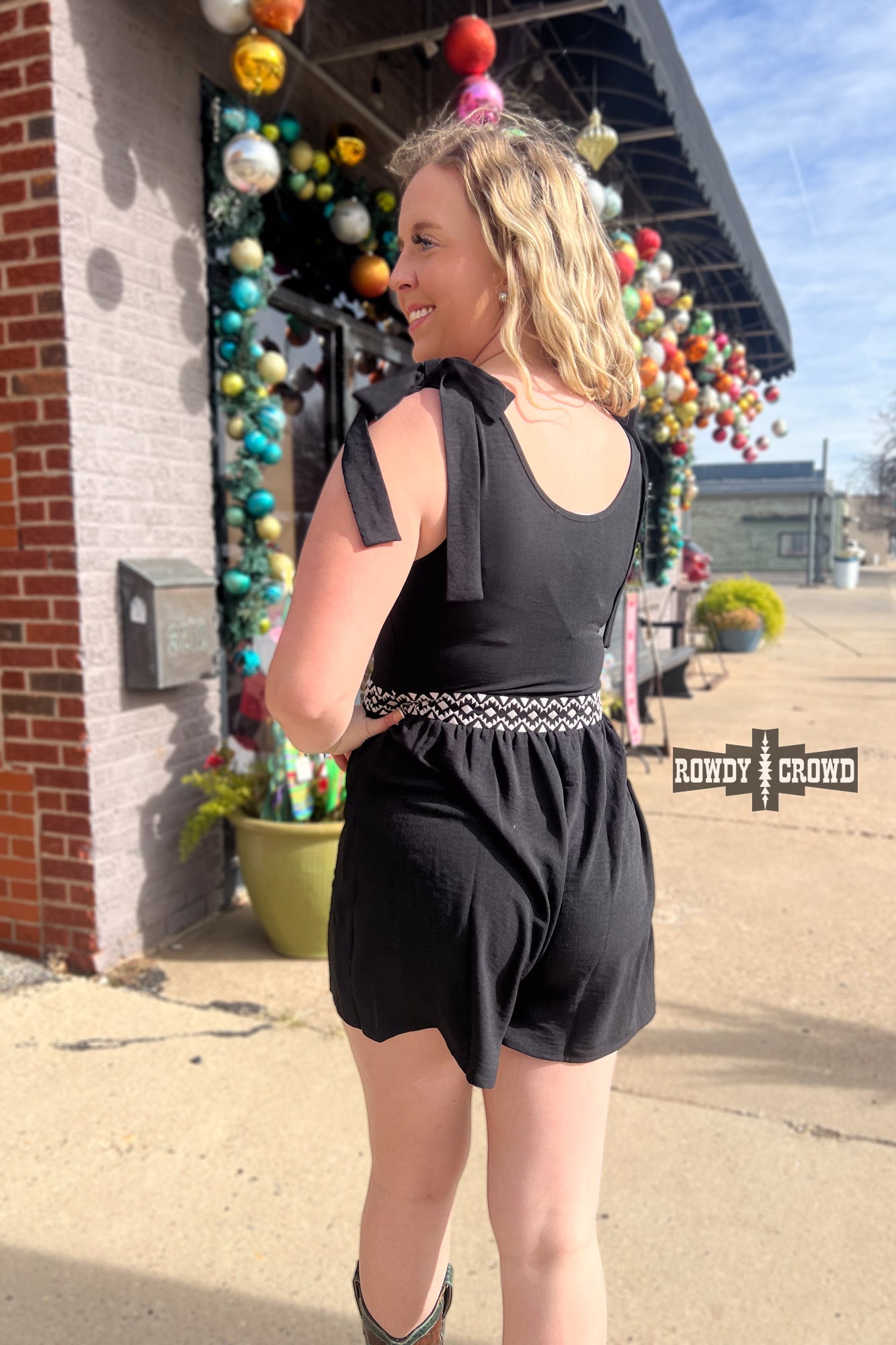 Rowdy Crowd Round Up Romper Black with turquoise bronc