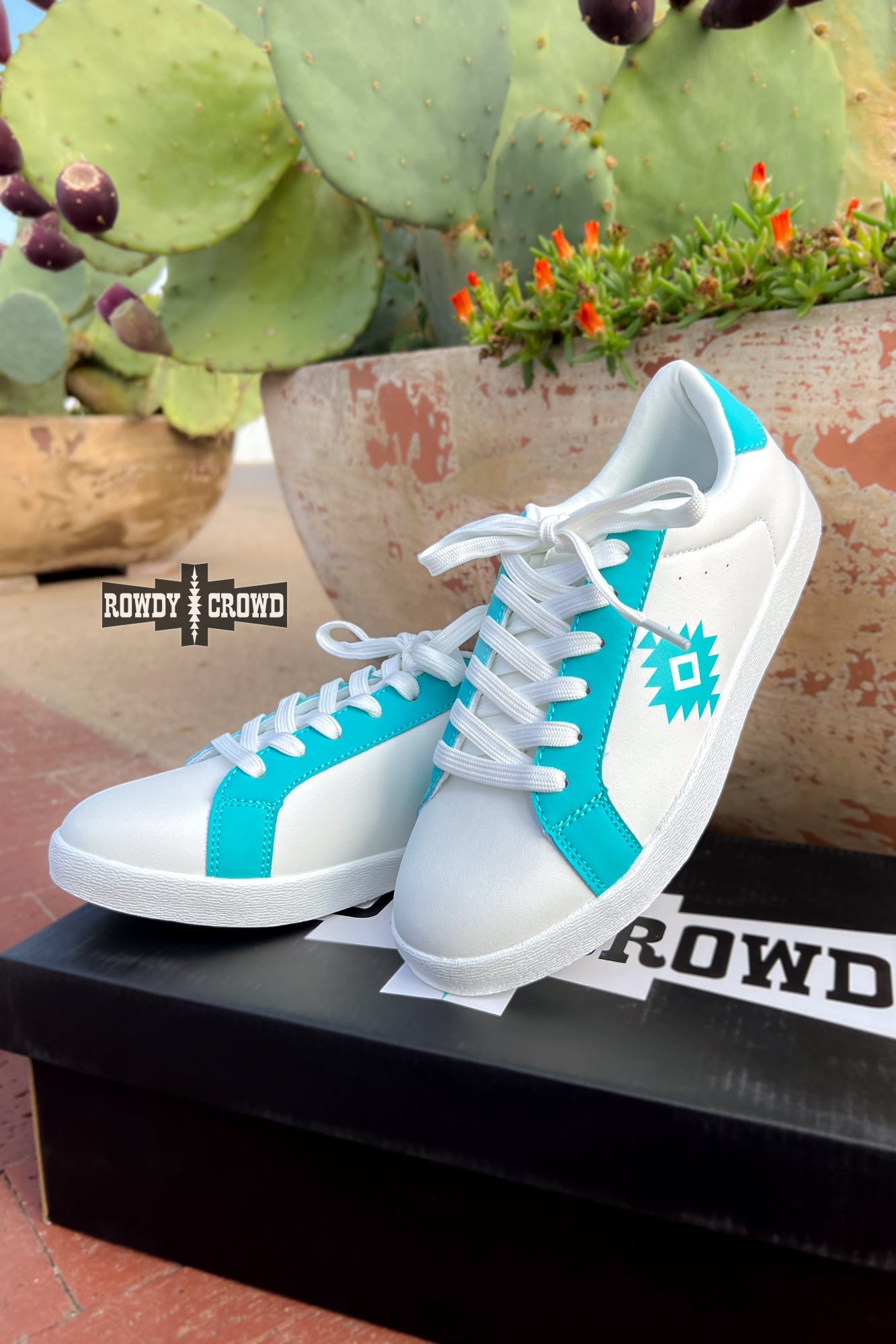 Rowdy Crowd Western Aztec Sky Sneaker basic white sneaker turquoise pops Aztec Design