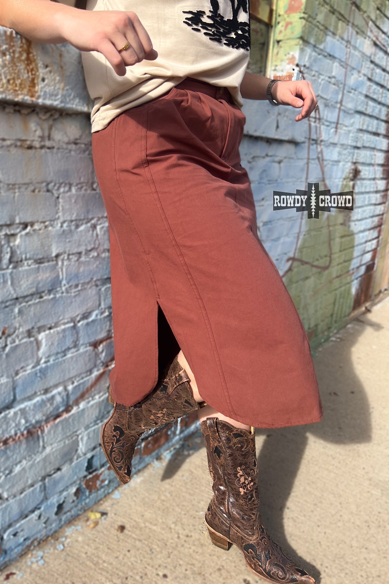Rowdy Crowd white blouse with black embroidery and brown skirt 