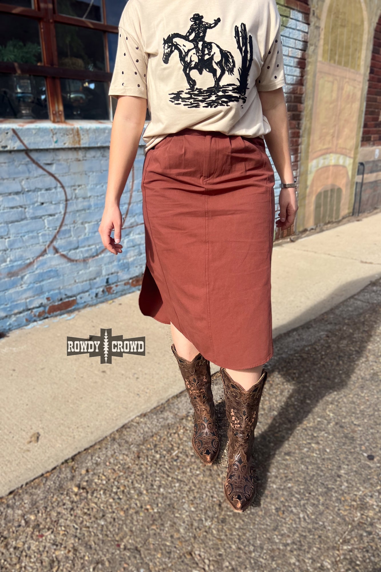 Rowdy Crowd white blouse with black embroidery and brown skirt 