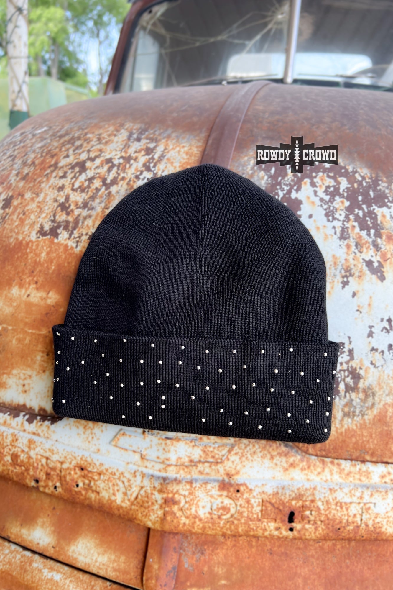 Crowd Shine Bright Beanie with thick black material and embellished with rhinestones