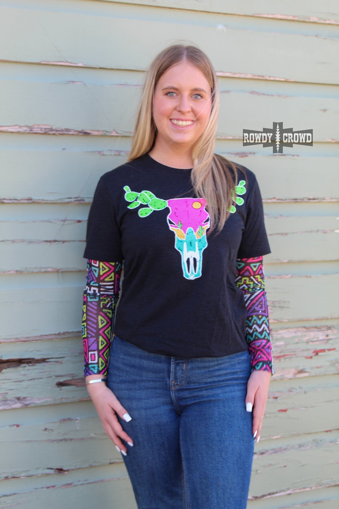 Rowdy Crowd Spaced Out Mesh Top with vibrant Aztec design