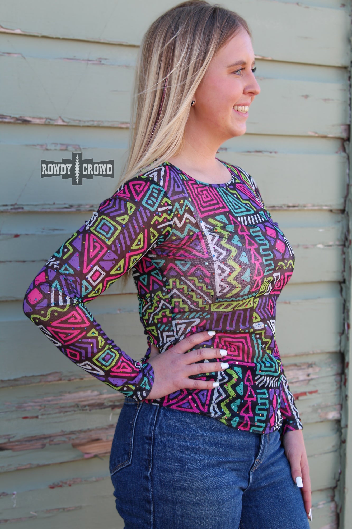 Rowdy Crowd Spaced Out Mesh Top with vibrant Aztec design