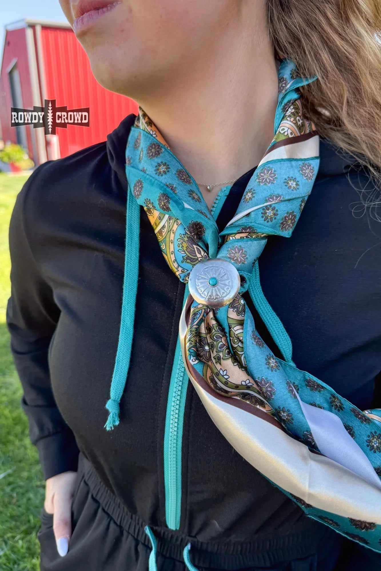 El Paso Scarf Slide styled with wild rag, stamped concho and turquoise stone center
