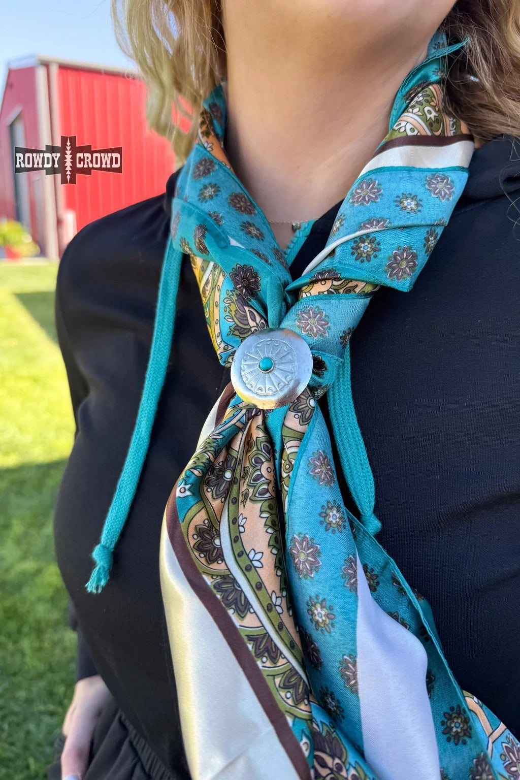 El Paso Scarf Slide styled with wild rag, stamped concho and turquoise stone center