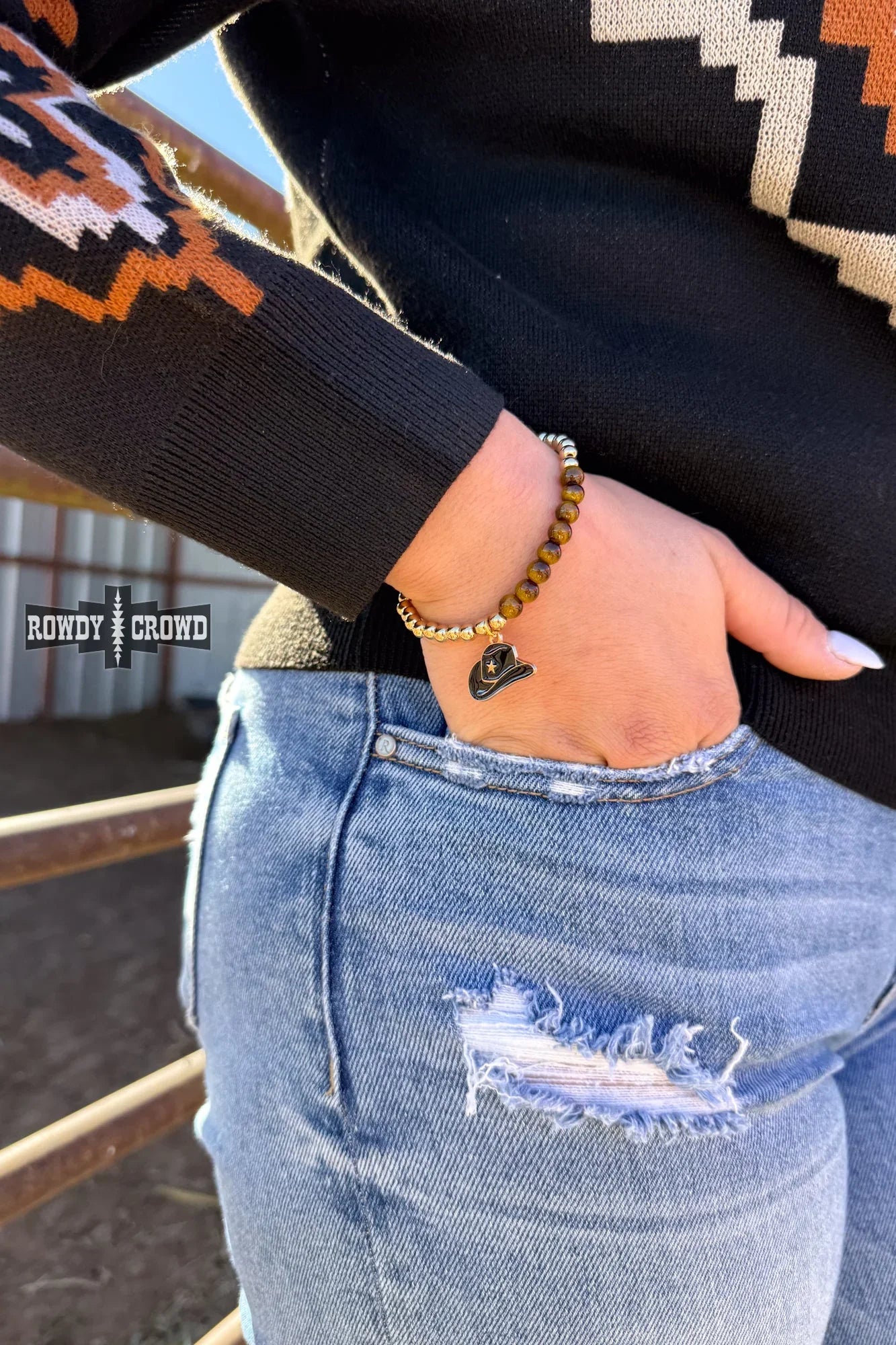 Hats Off Bracelet with tiger’s‑eye beads and black cowboy hat pendant, western cowgirl jewelry