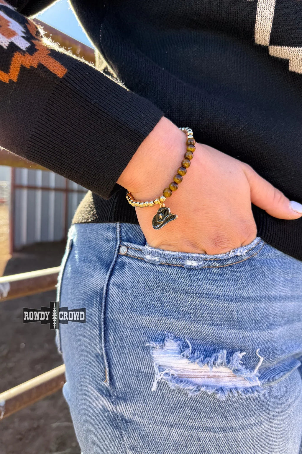 Western cowgirl bracelet with metallic beads and cowboy hat charm, rustic accessory
