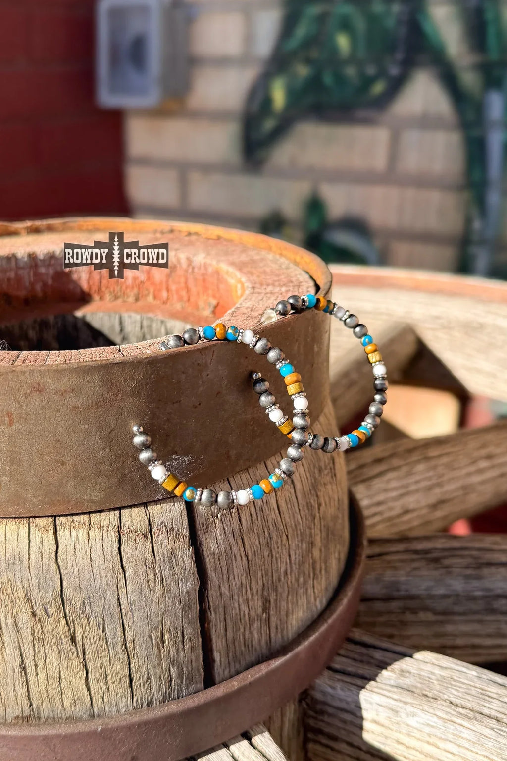 Vintage Honey Hoops with silver, wood, turquoise, and white beads, western cowgirl earrings