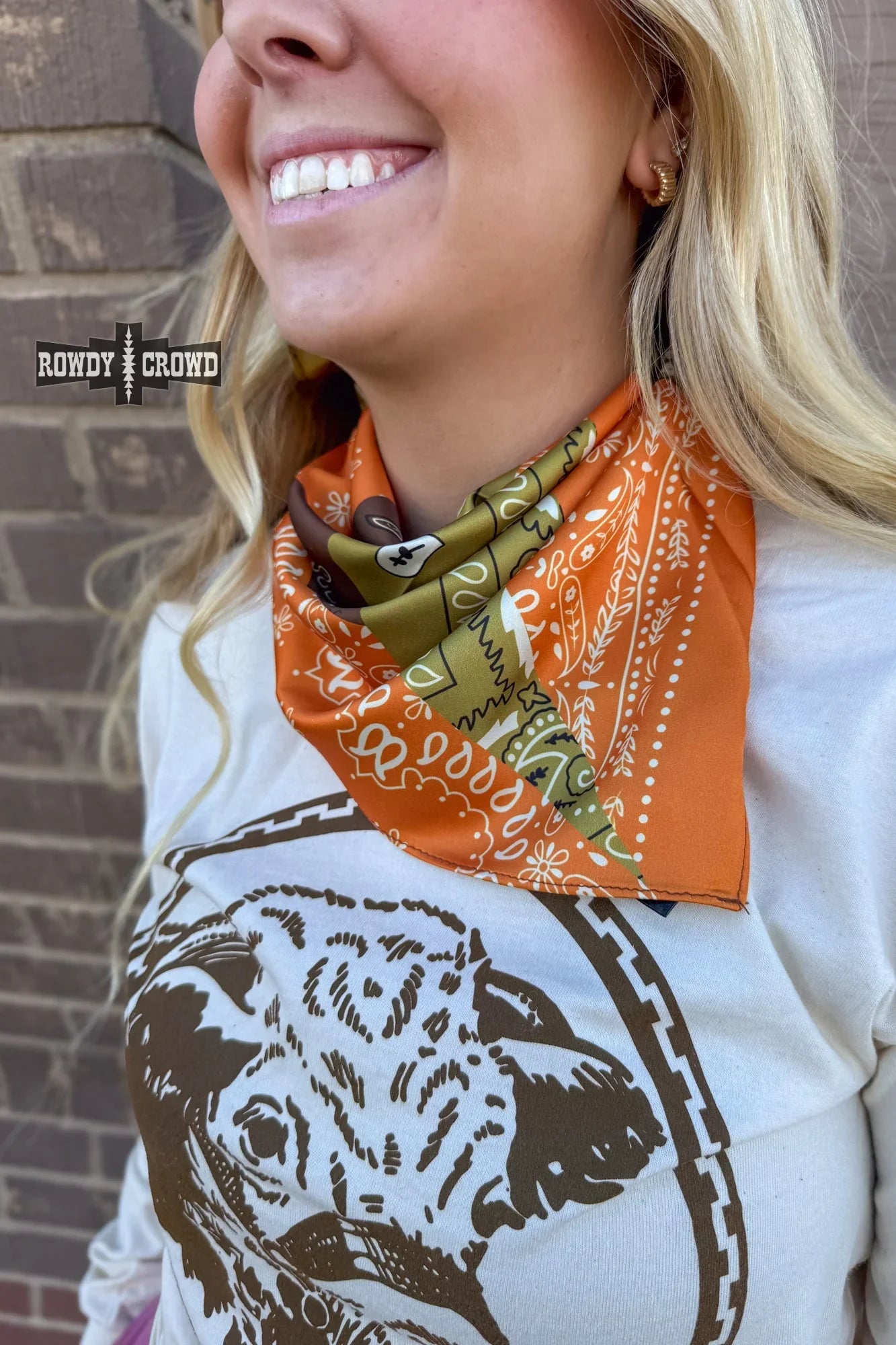 patchwork bandana wild rag with rust brown and olive tones western cowgirl scarf accessory