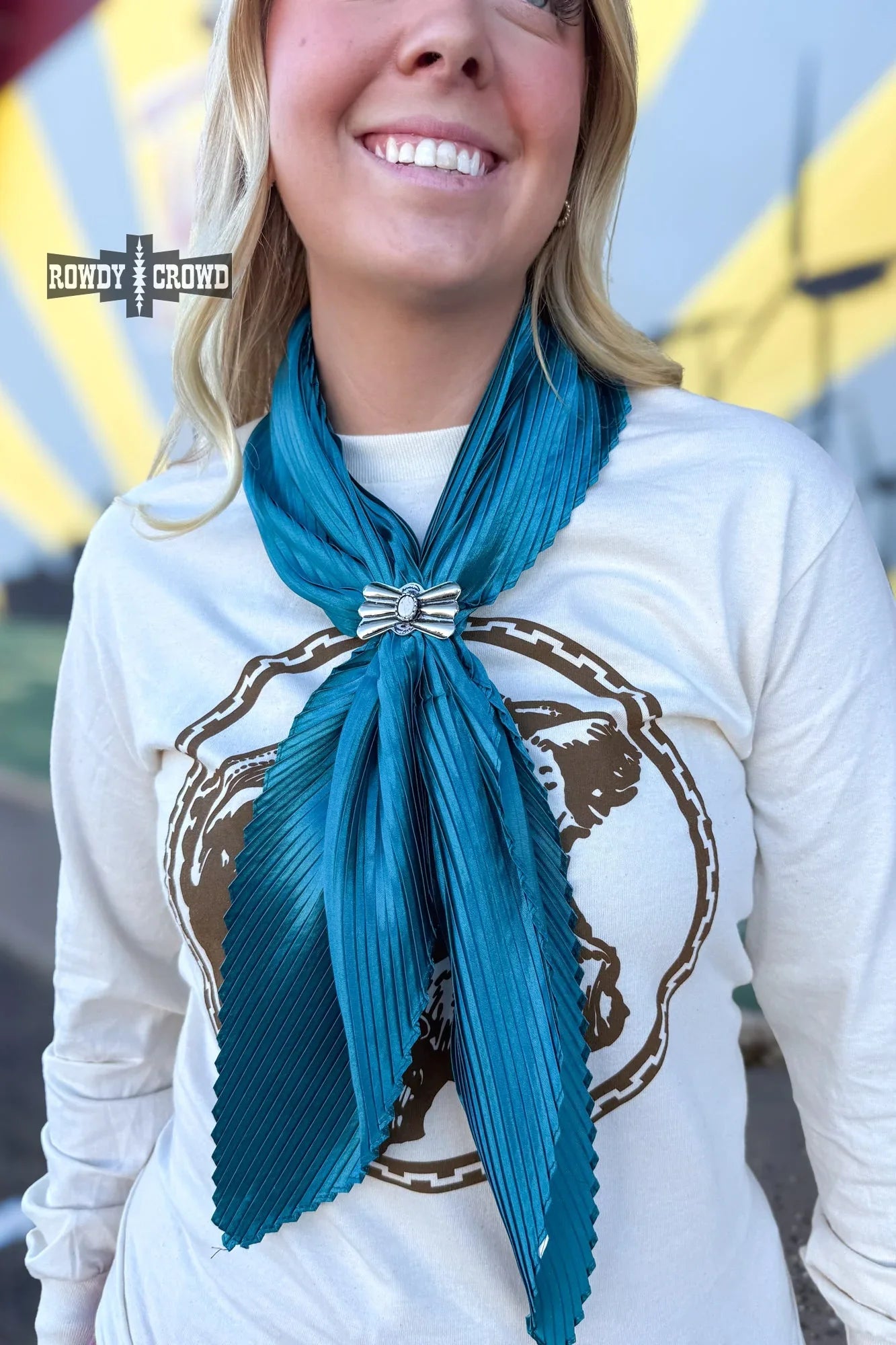 cowgirl wearing pasadena pleated wild rag scarf western fashion rustic chic rodeo style