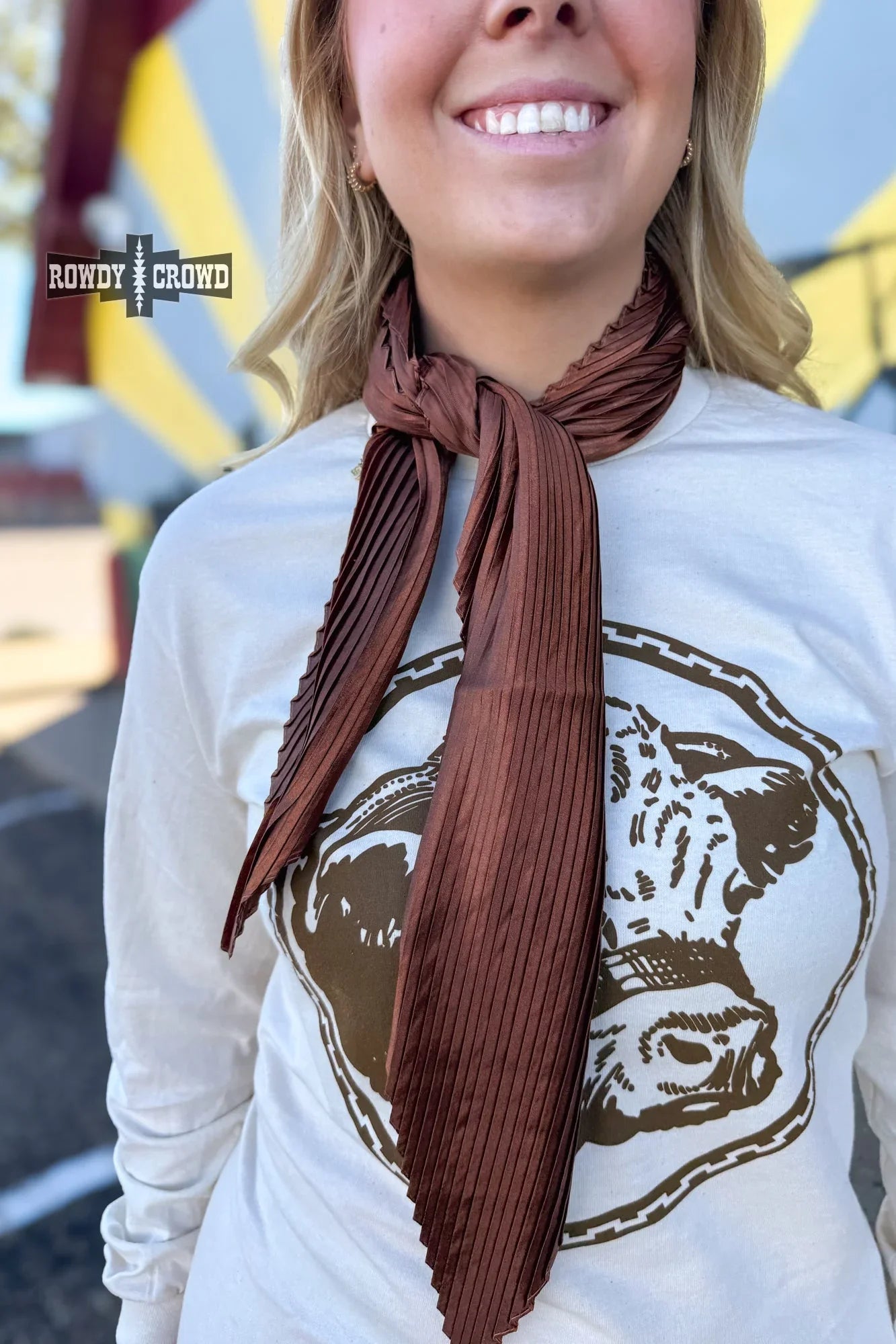 cowgirl wearing pasadena pleated wild rag scarf western fashion rustic chic rodeo style