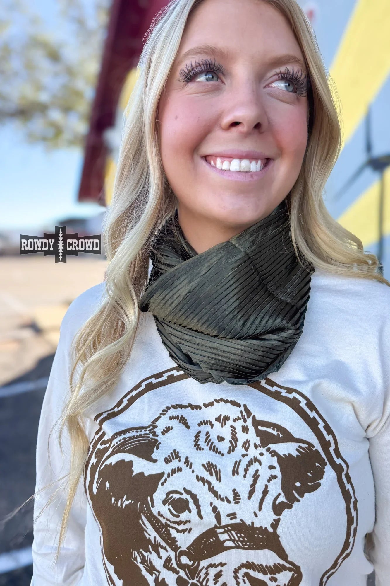 cowgirl wearing pasadena pleated wild rag scarf western fashion rustic chic rodeo style