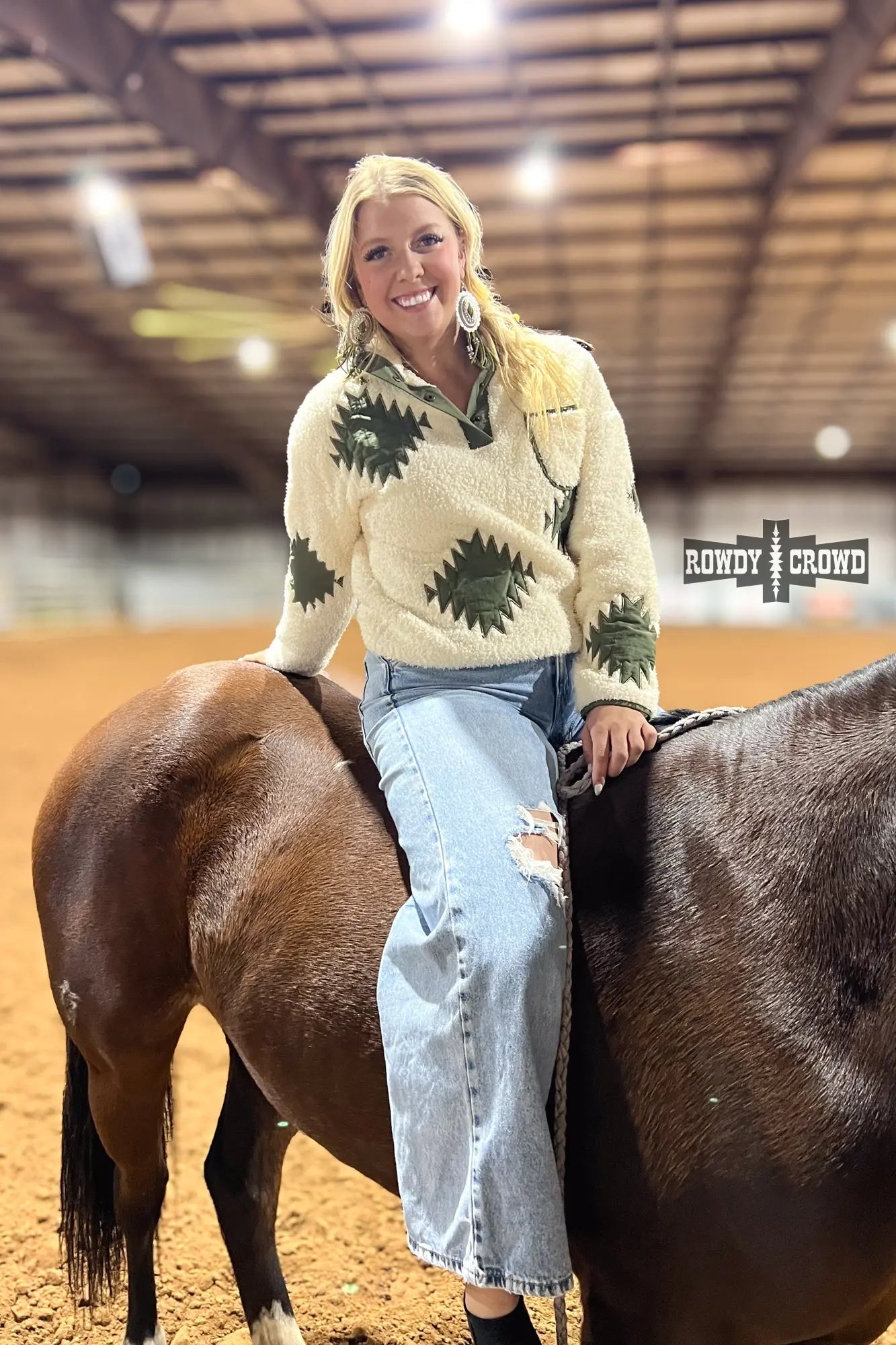 Cowgirl style sherpa pullover, cold weather western fashion with Aztec accents
