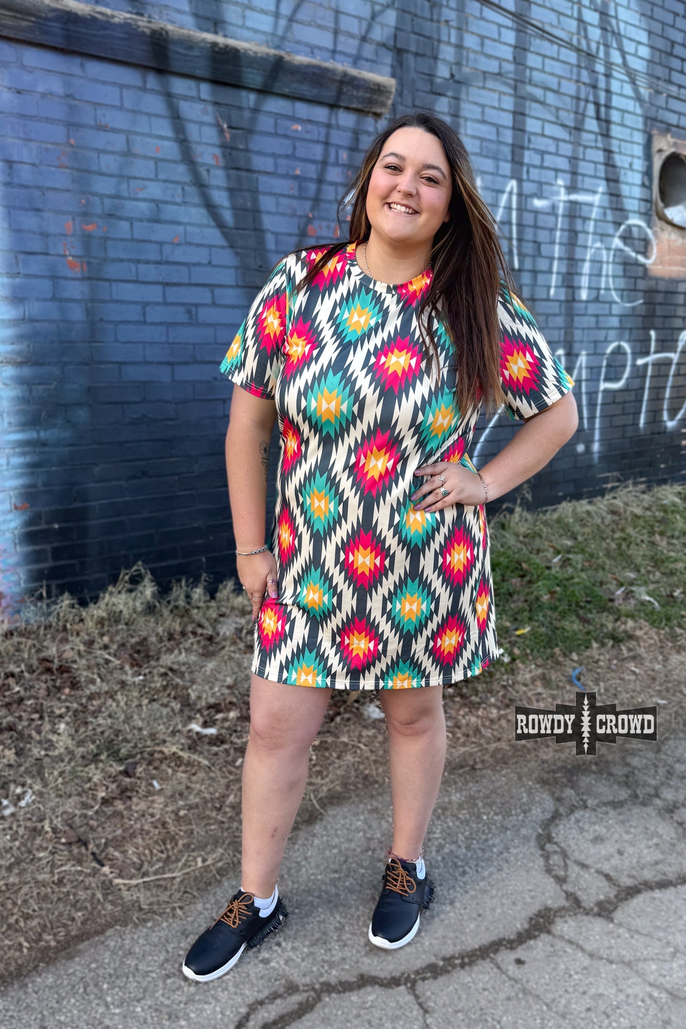 Woman in a Rowdy Crowd colorful Native American print Doc Holliday dress