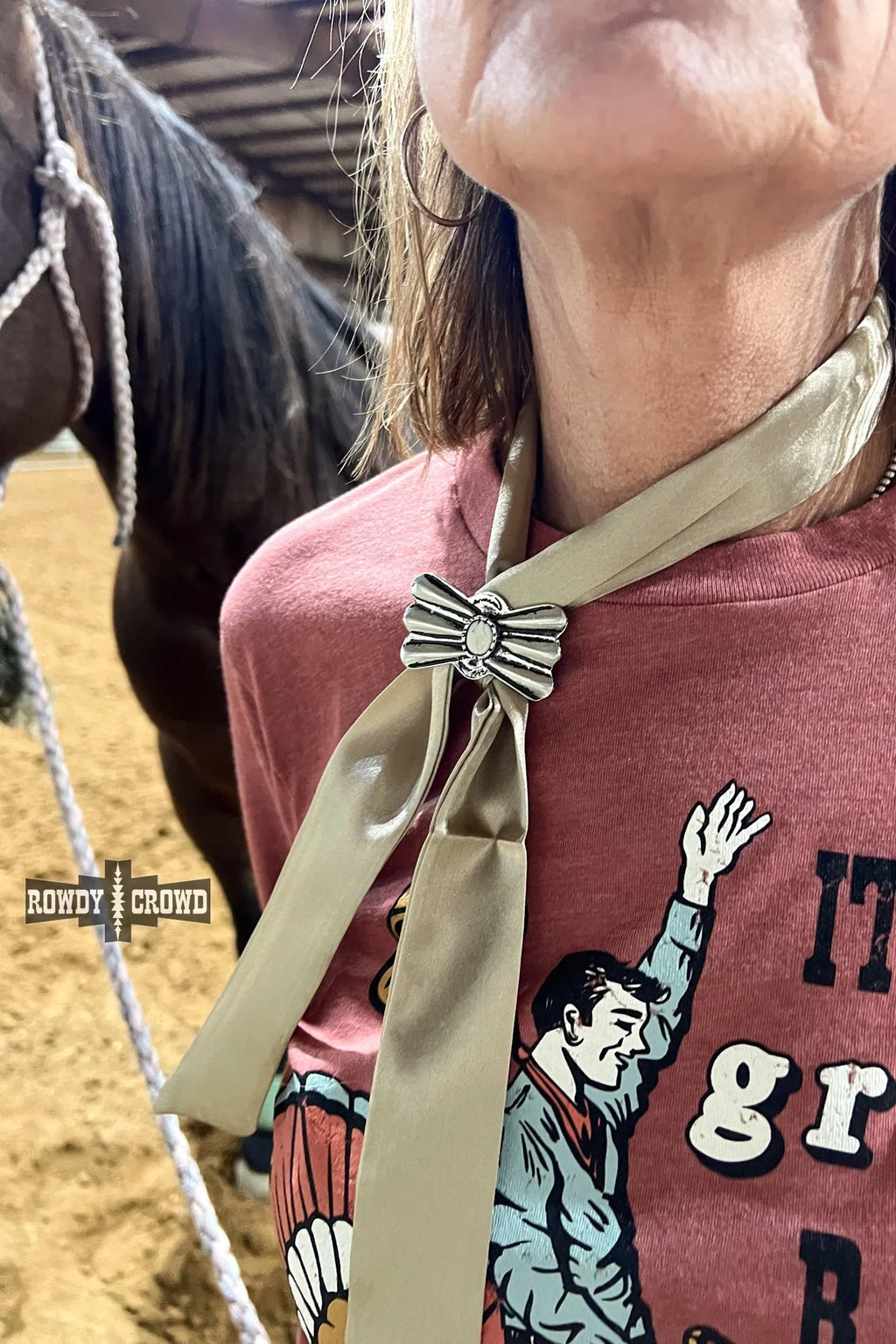 Silver western scarf slide with white stone center, cowgirl style accessory