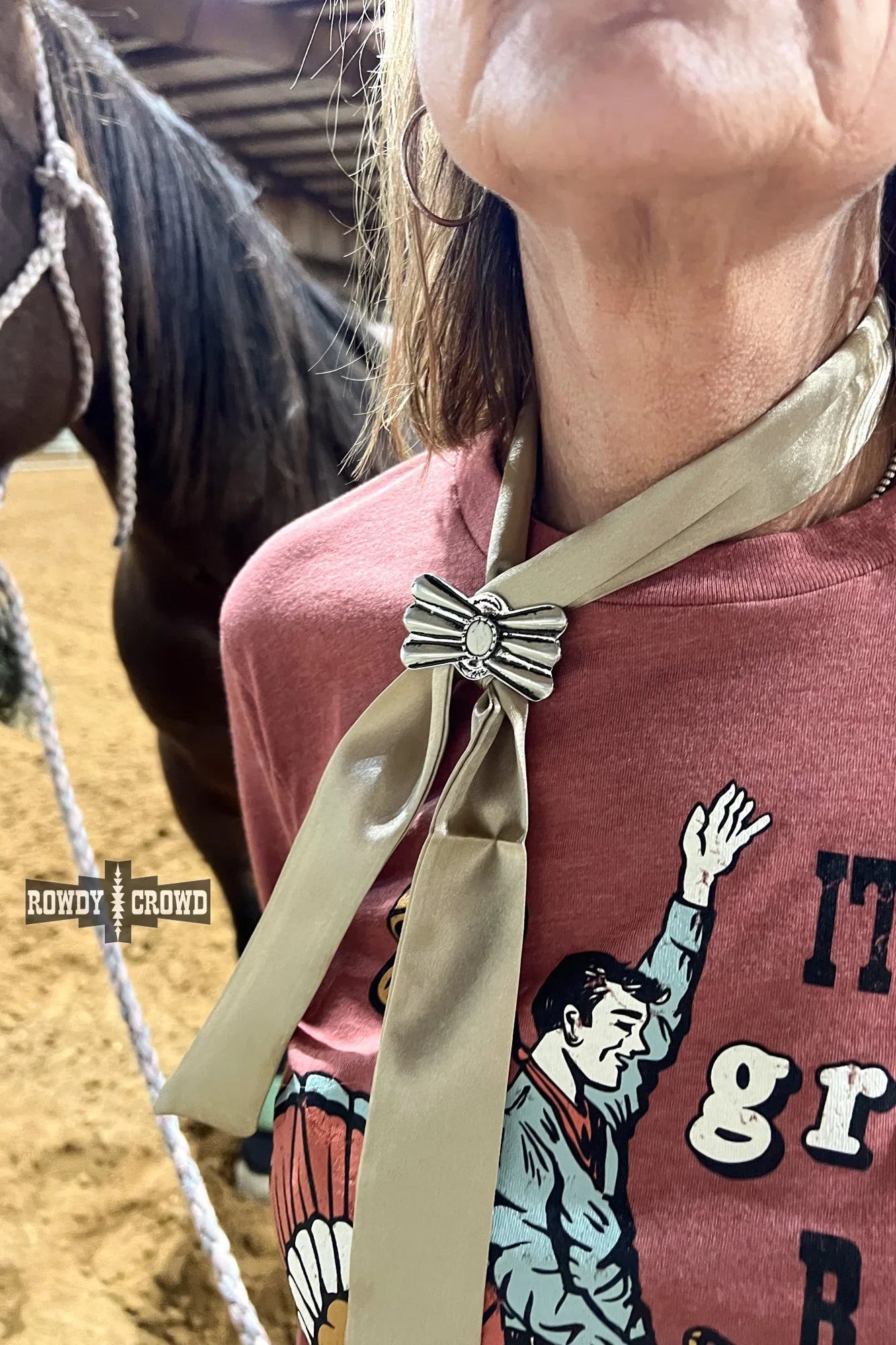 Silver western scarf slide with white stone center, cowgirl style accessory