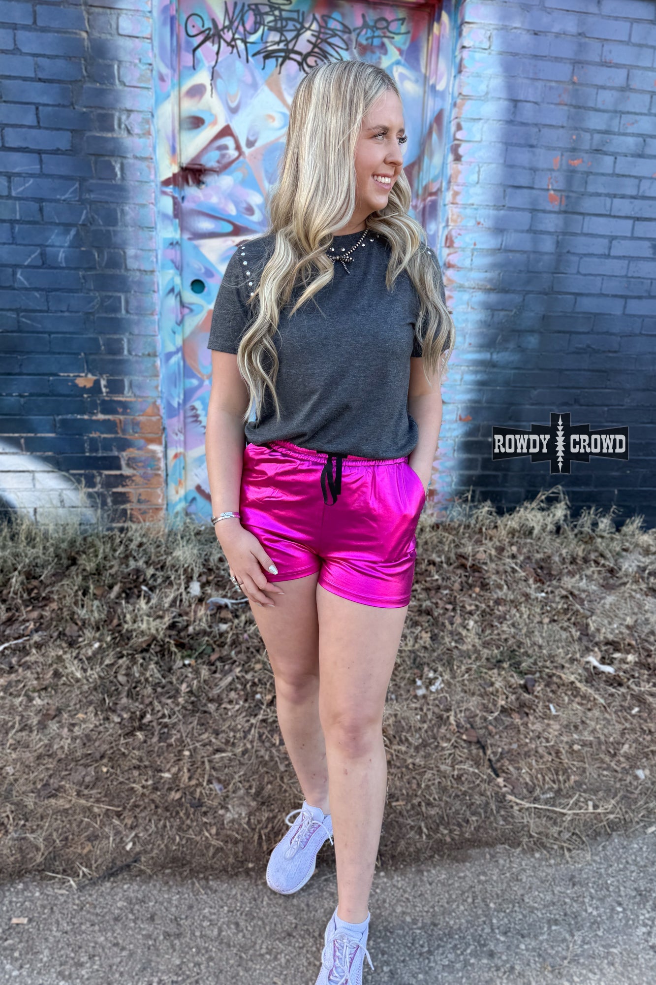 Rowdy Crowd metallic pink shorts 