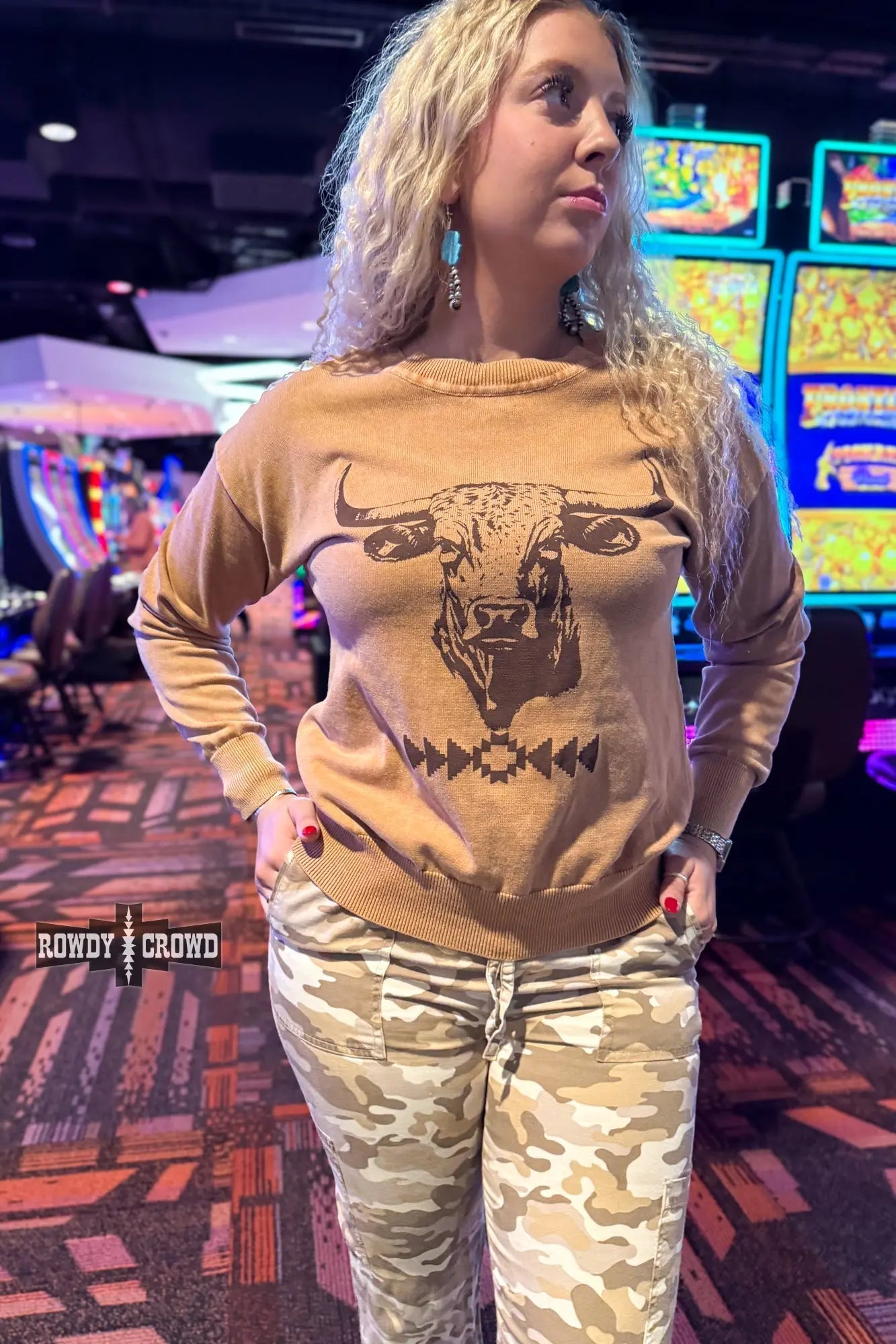 Blazin’ Bull Western sweater with longhorn graphic desert tones