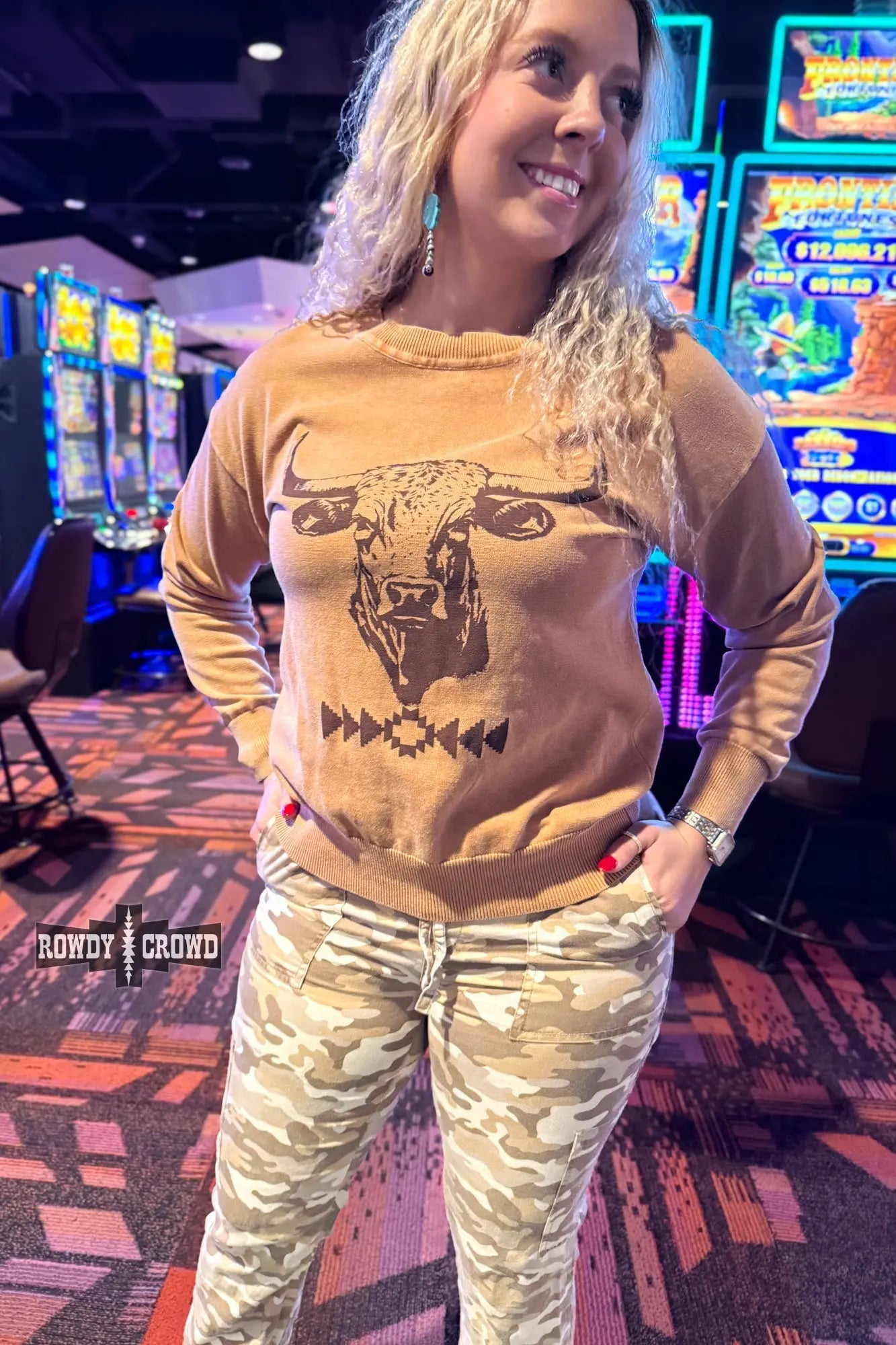 Bold longhorn graphic Western sweater with southwestern motif