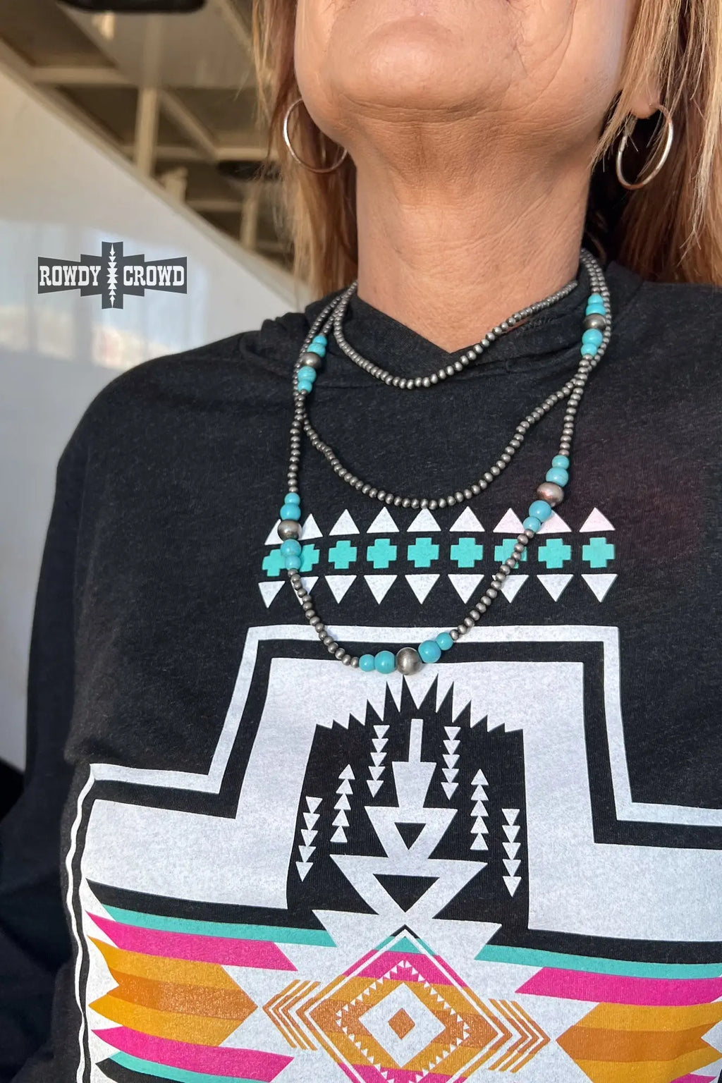 Western necklace with silver beads and turquoise stones