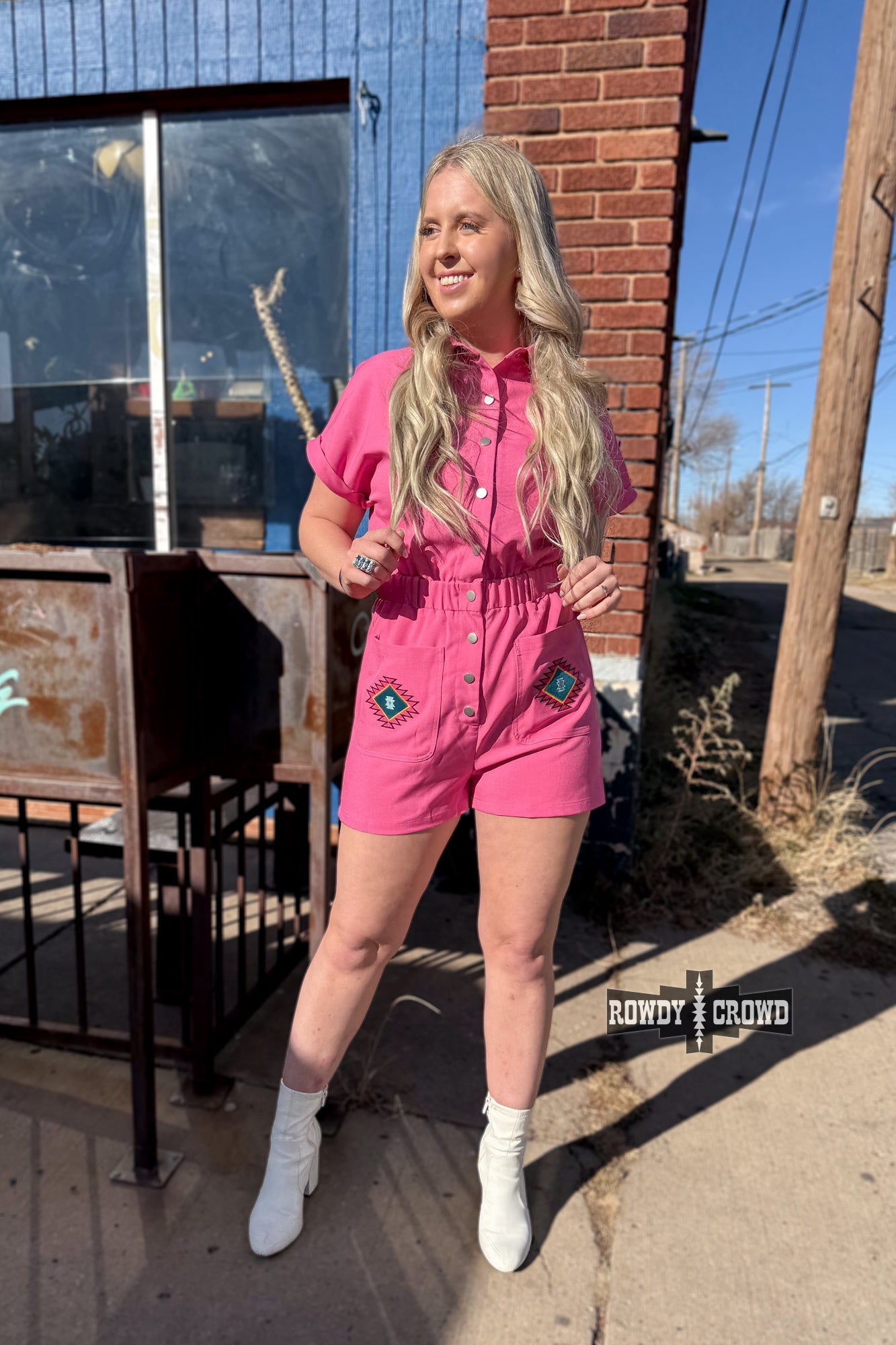 Rowdy Crowd The Kiss Romper pink adorned with Native American geometrics 