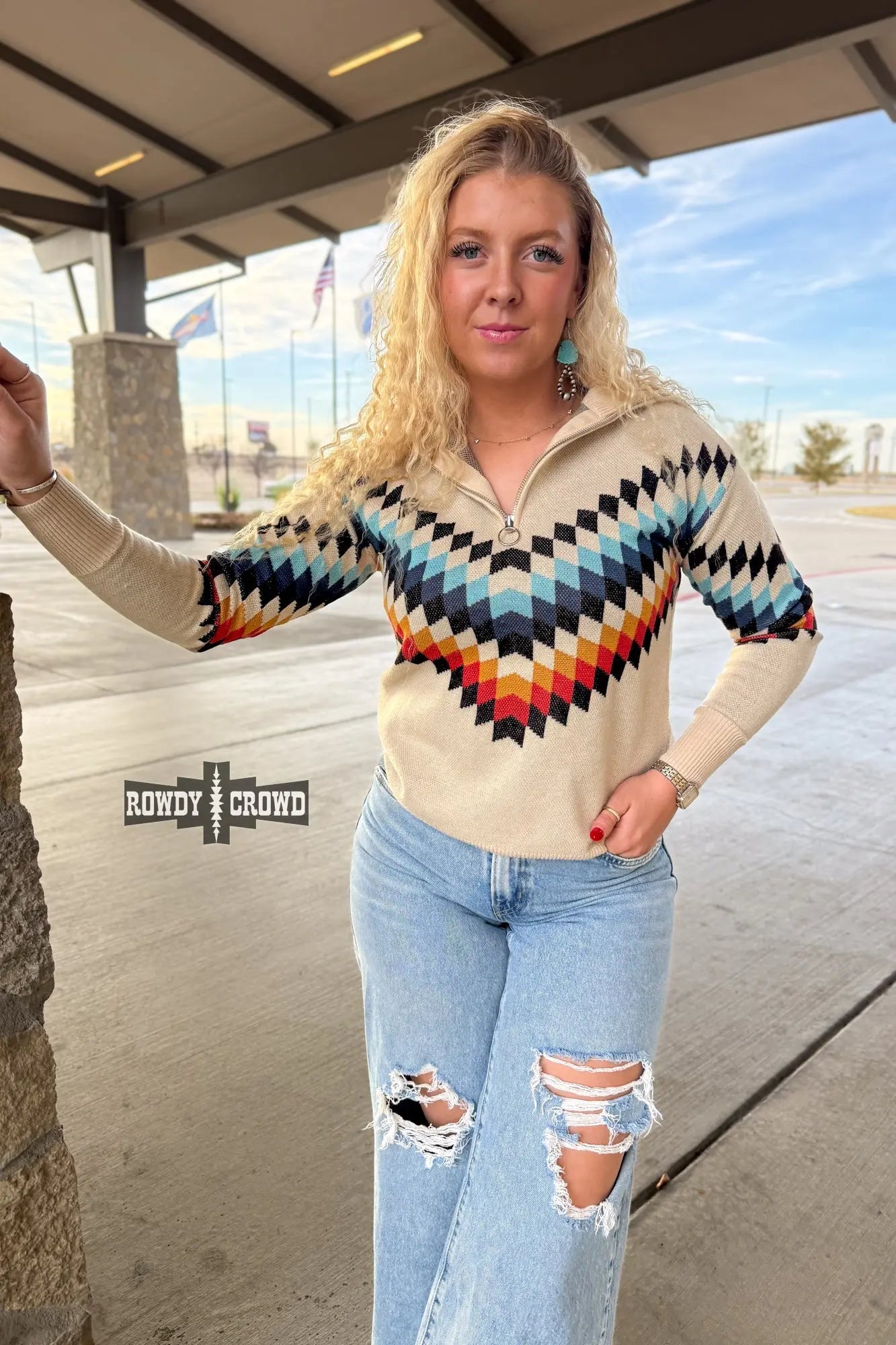 Quade Western pullover half‑zip knit with bold geometric chest and sleeve pattern
