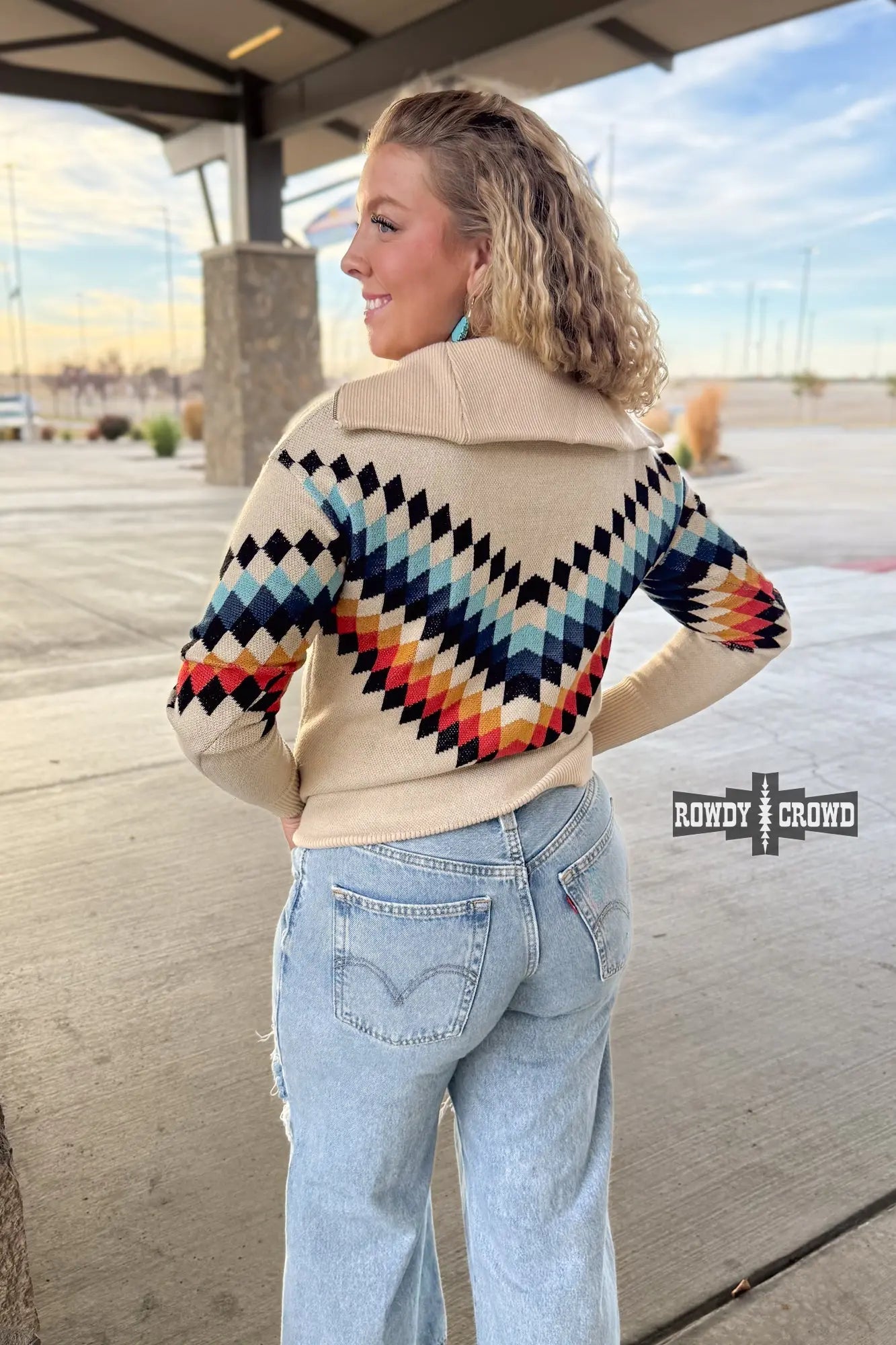Quade Pullover Western half‑zip knit bold color geometric design