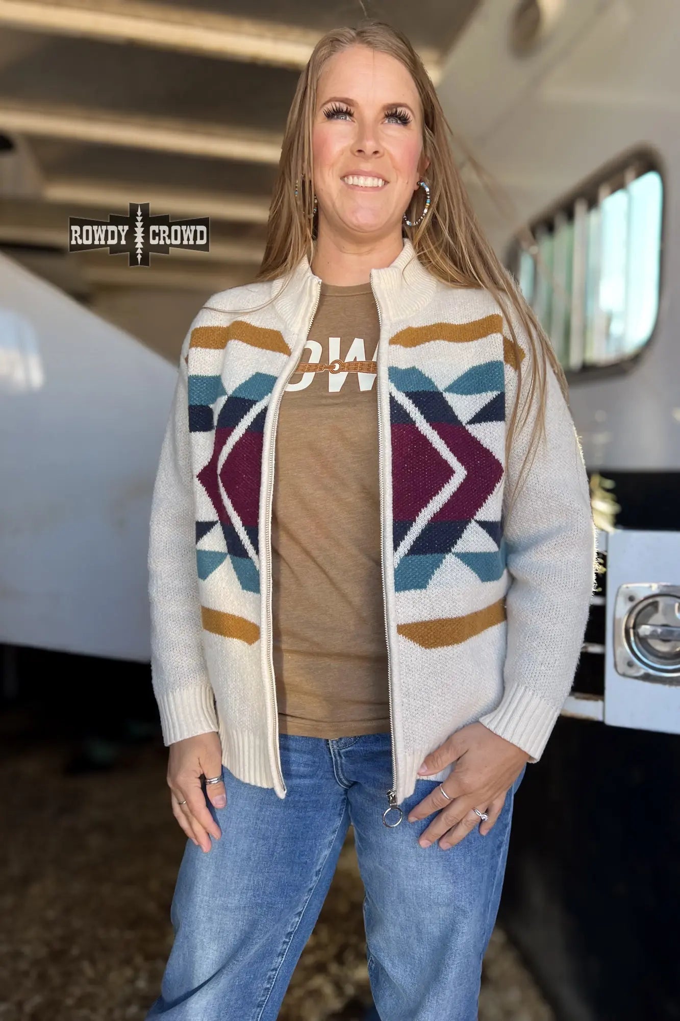 Gunsmoke Western jacket cream zip‑up with bold geometric pattern
