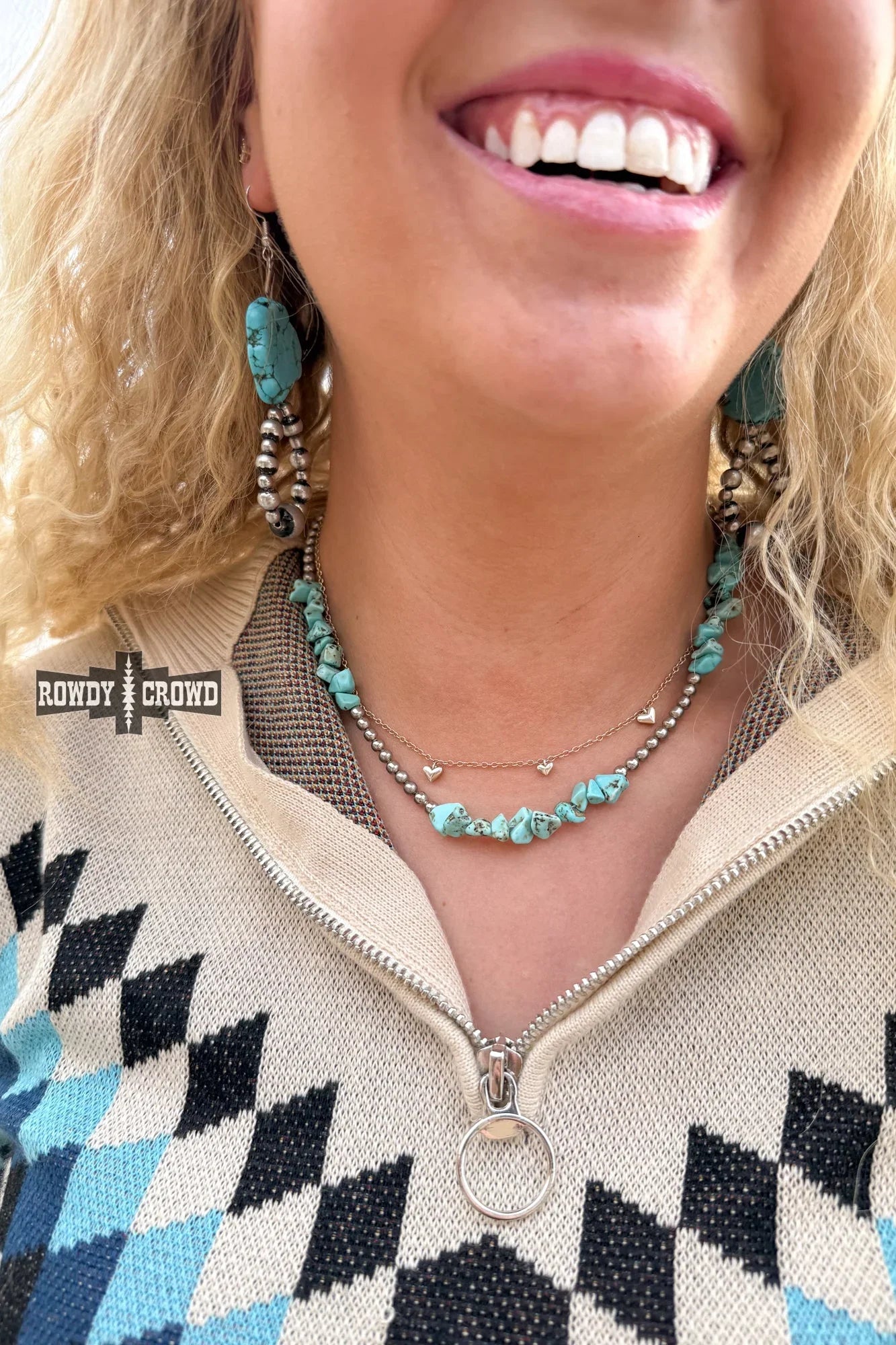 chunky turquoise chips necklace with silver toned beads rustic western cowgirl accessory
