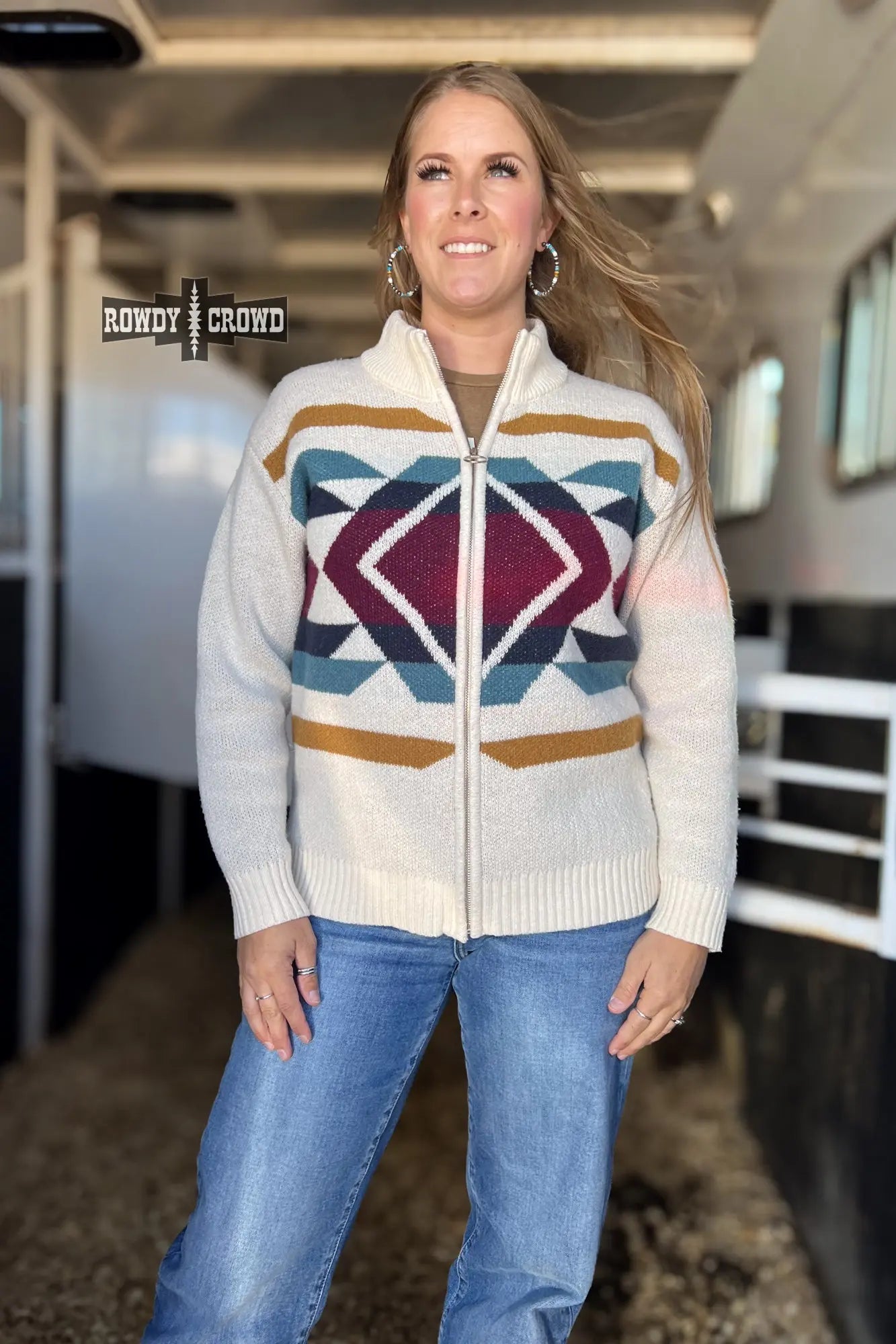 Gunsmoke Western jacket cream zip‑up with bold geometric pattern