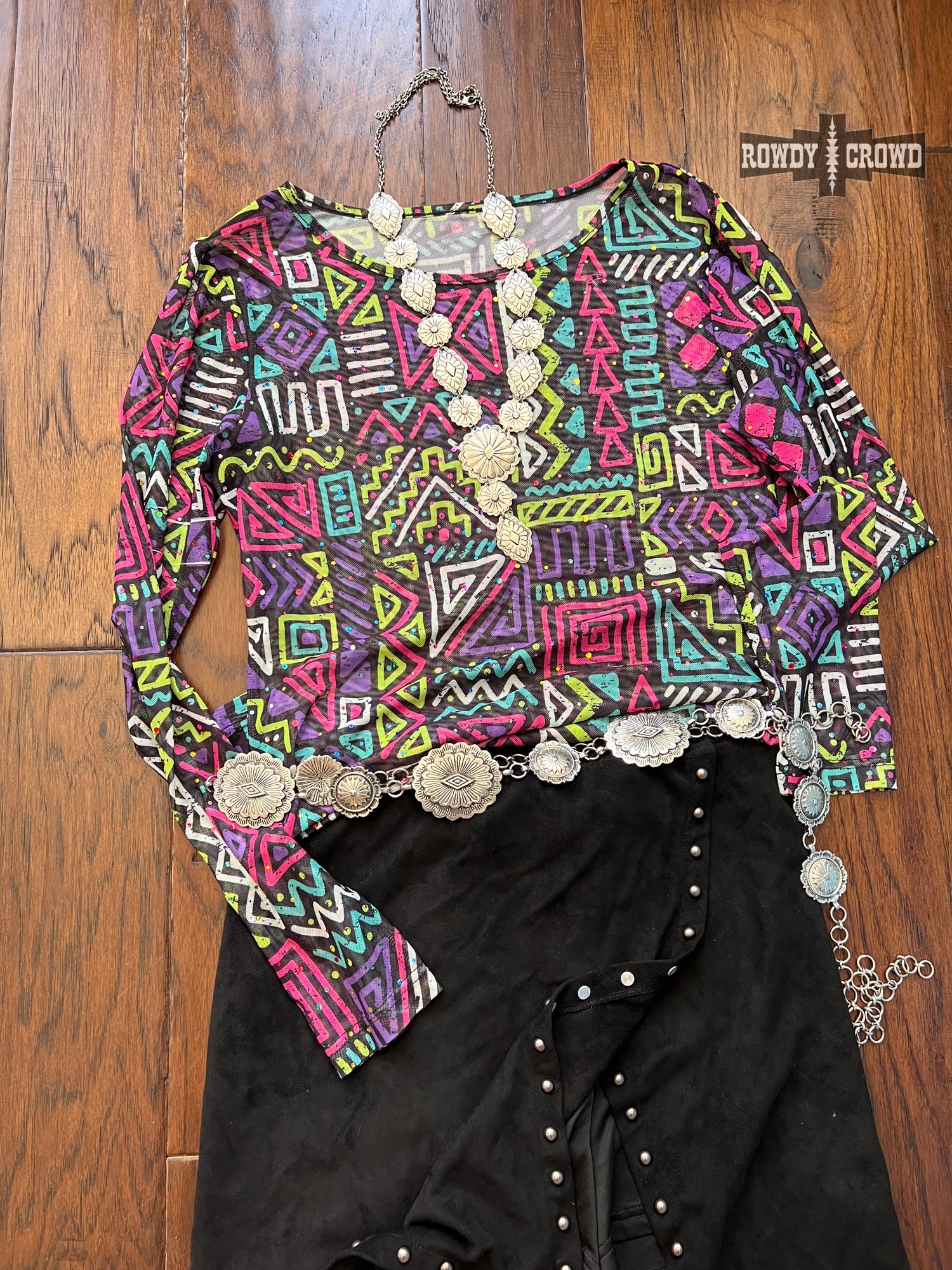 Rowdy Crowd Spaced Out Mesh Top with vibrant Aztec design