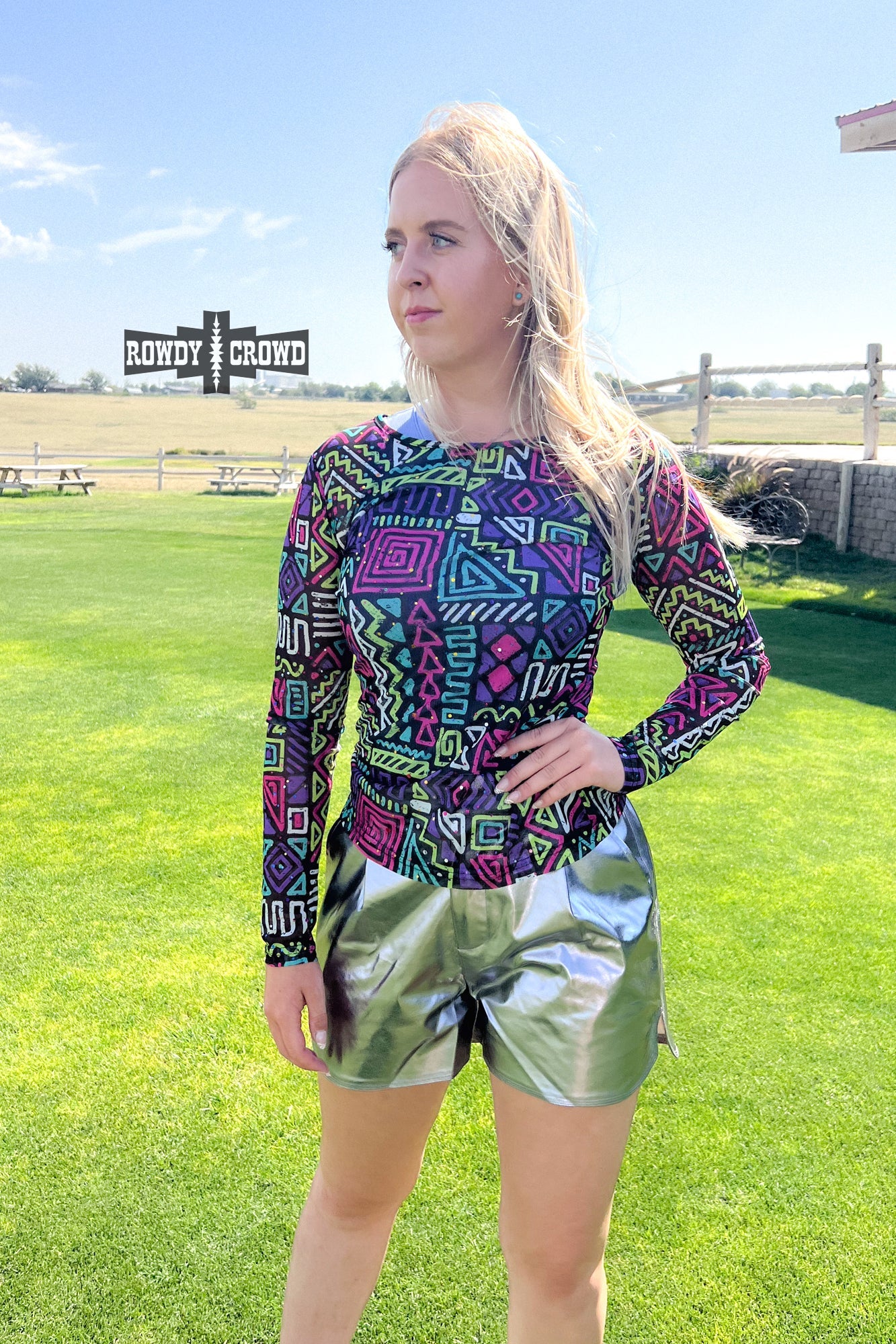 Rowdy Crowd Spaced Out Mesh Top with vibrant Aztec design