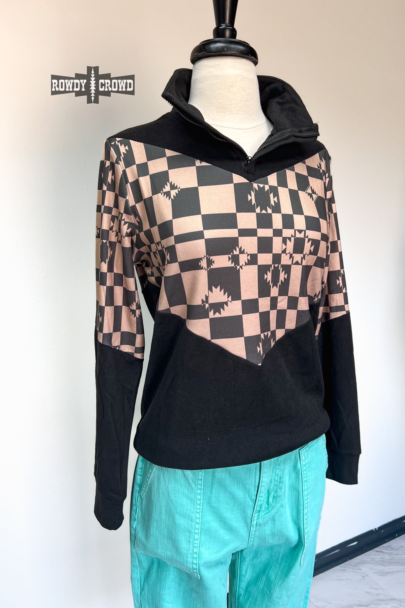 Rowdy Crowd Check Me Out Pullover bold checkered design with intricate Aztec details in taupe and black