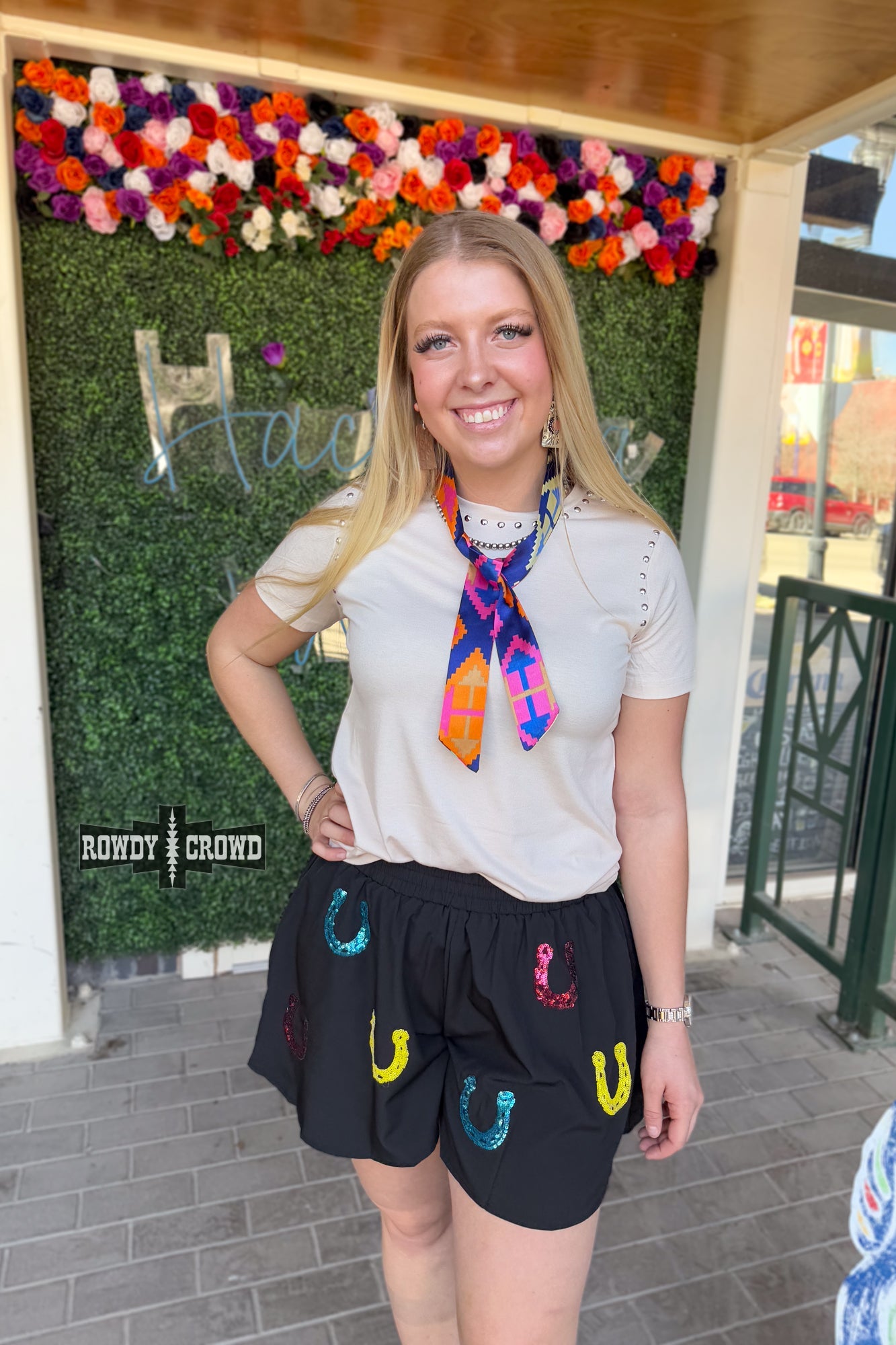 Rowdy Crowd Lucky Buck black shorts with colorful horseshoe designs