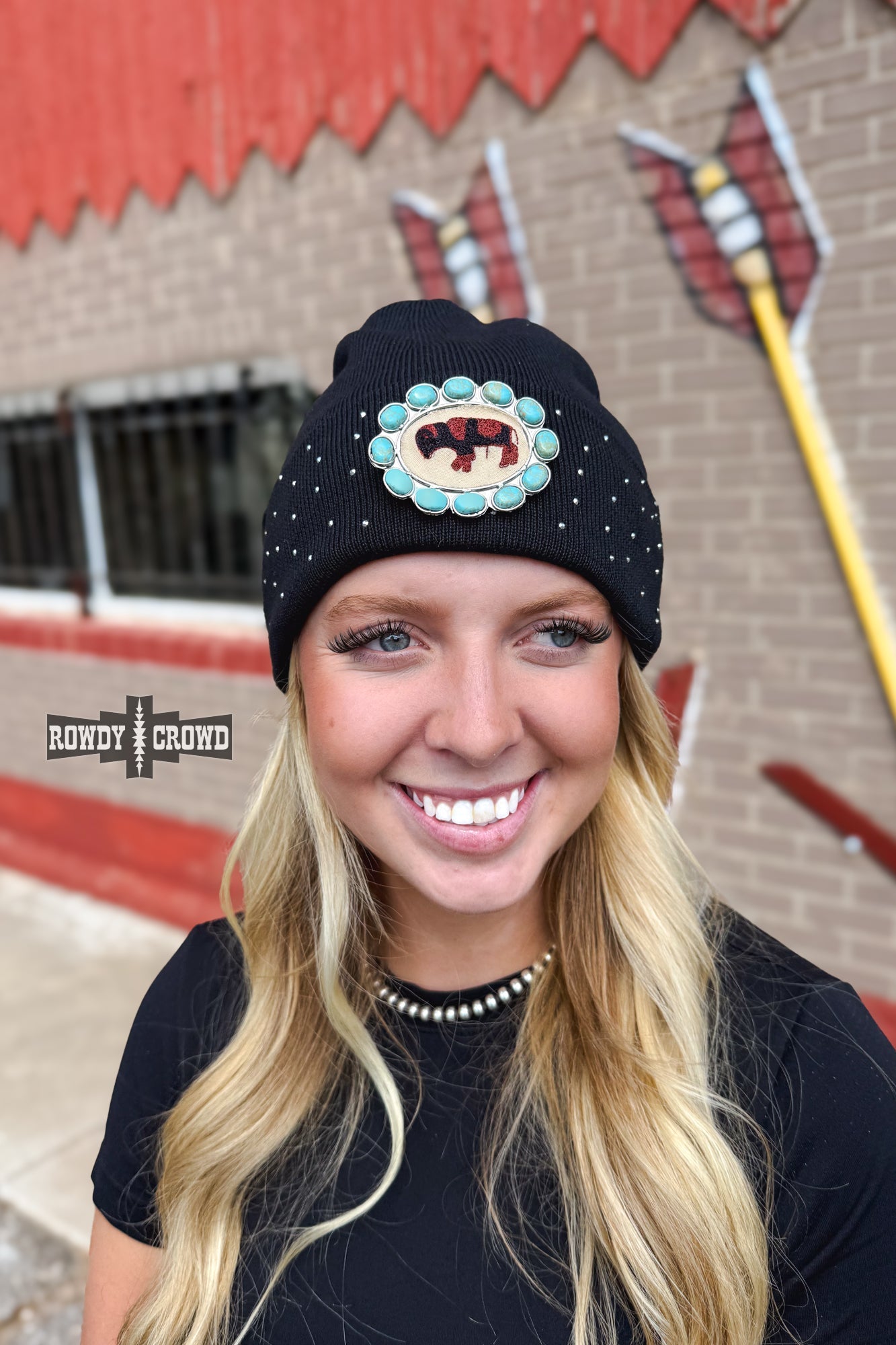 Rowdy Crowd Buffalo Beanie adorned with buffalo and turquoise