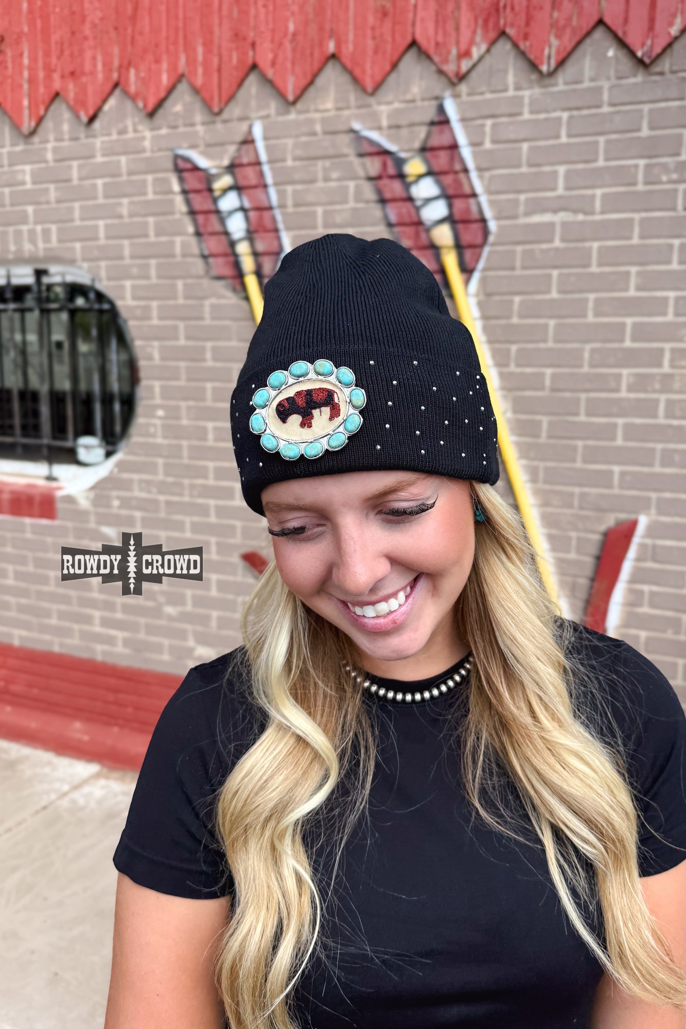 Rowdy Crowd Buffalo Beanie adorned with buffalo and turquoise