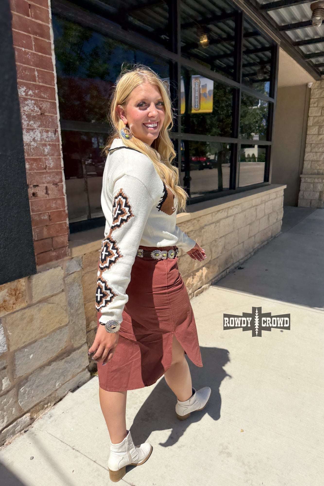 Rowdy Crowd white blouse with black embroidery and brown skirt 