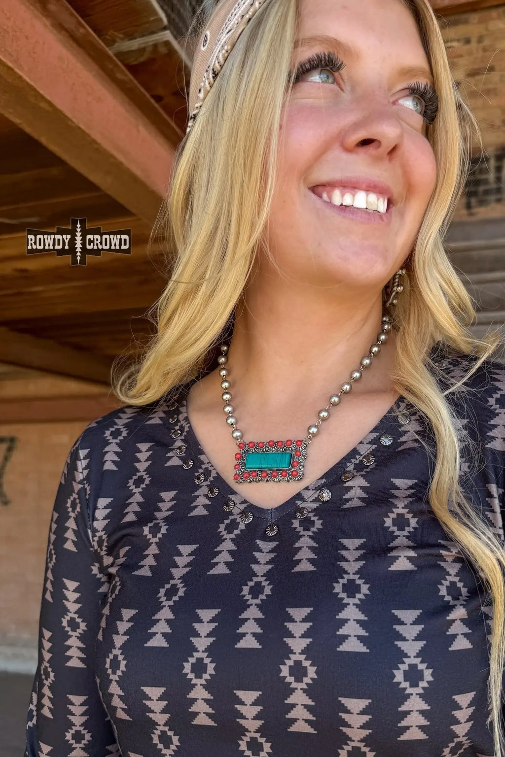 cowgirl wearing honky tonk necklace turquoise inspired pendant western fashion rustic chic style