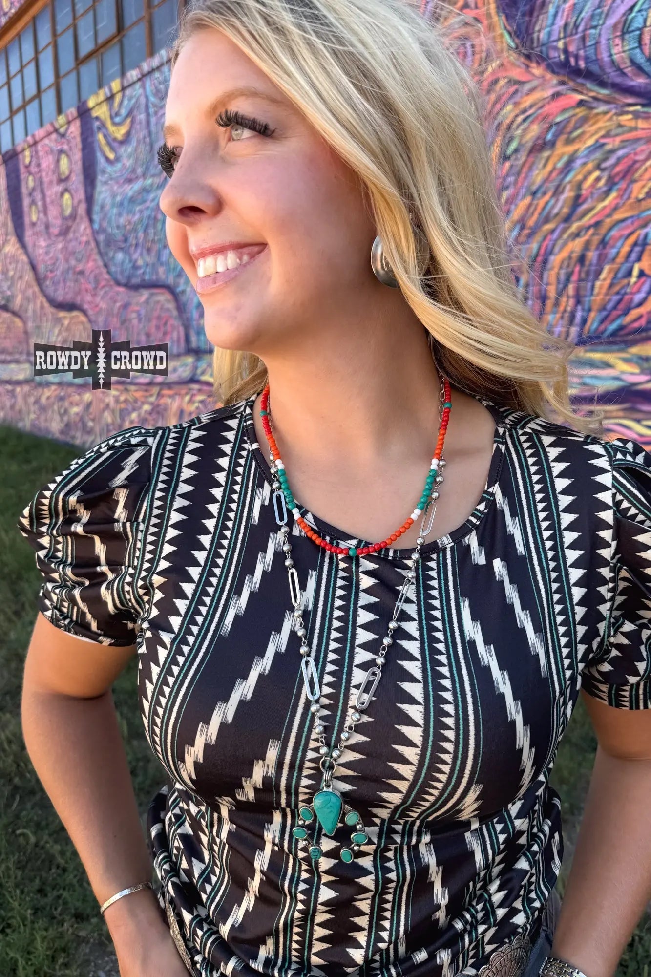 cowgirl wearing sunshine ranch necklace colorful beads western accessory rodeo ranch casual outfit