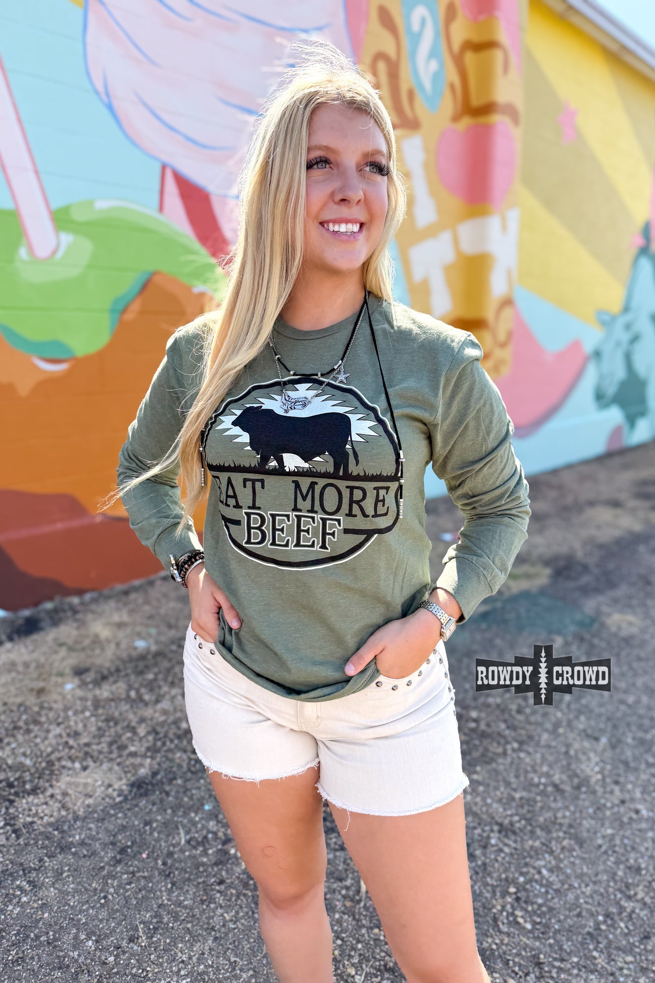 Rowdy Crowd Eat More Beef Long Sleeve tee with bold cattle graphic