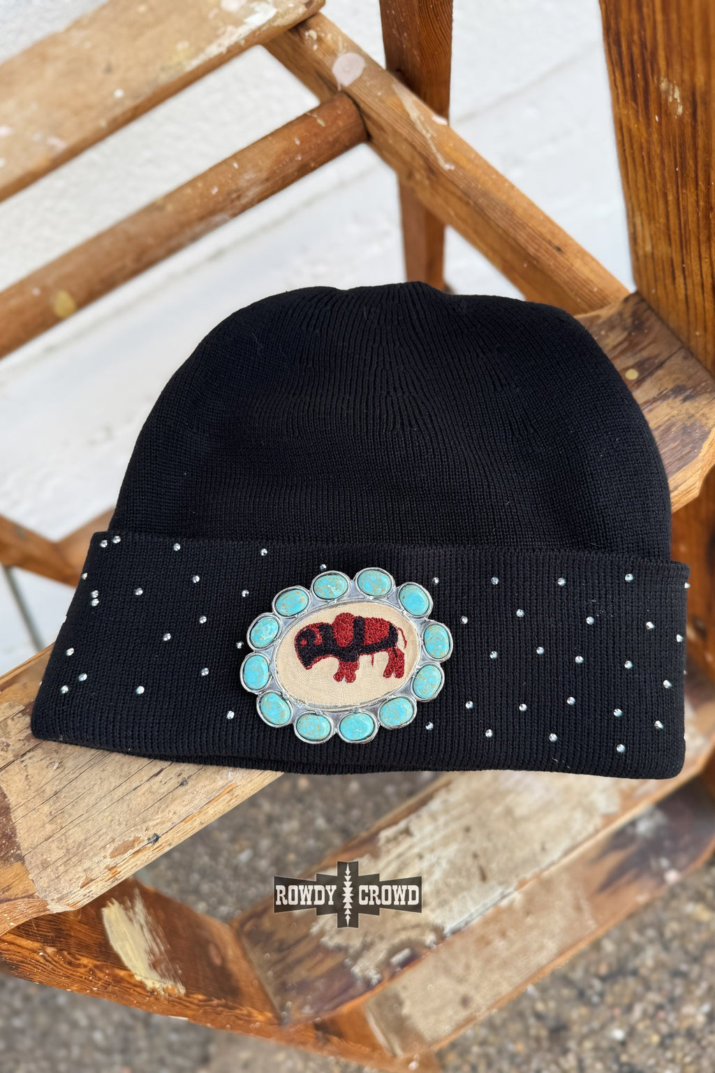 Rowdy Crowd Buffalo Beanie adorned with buffalo and turquoise