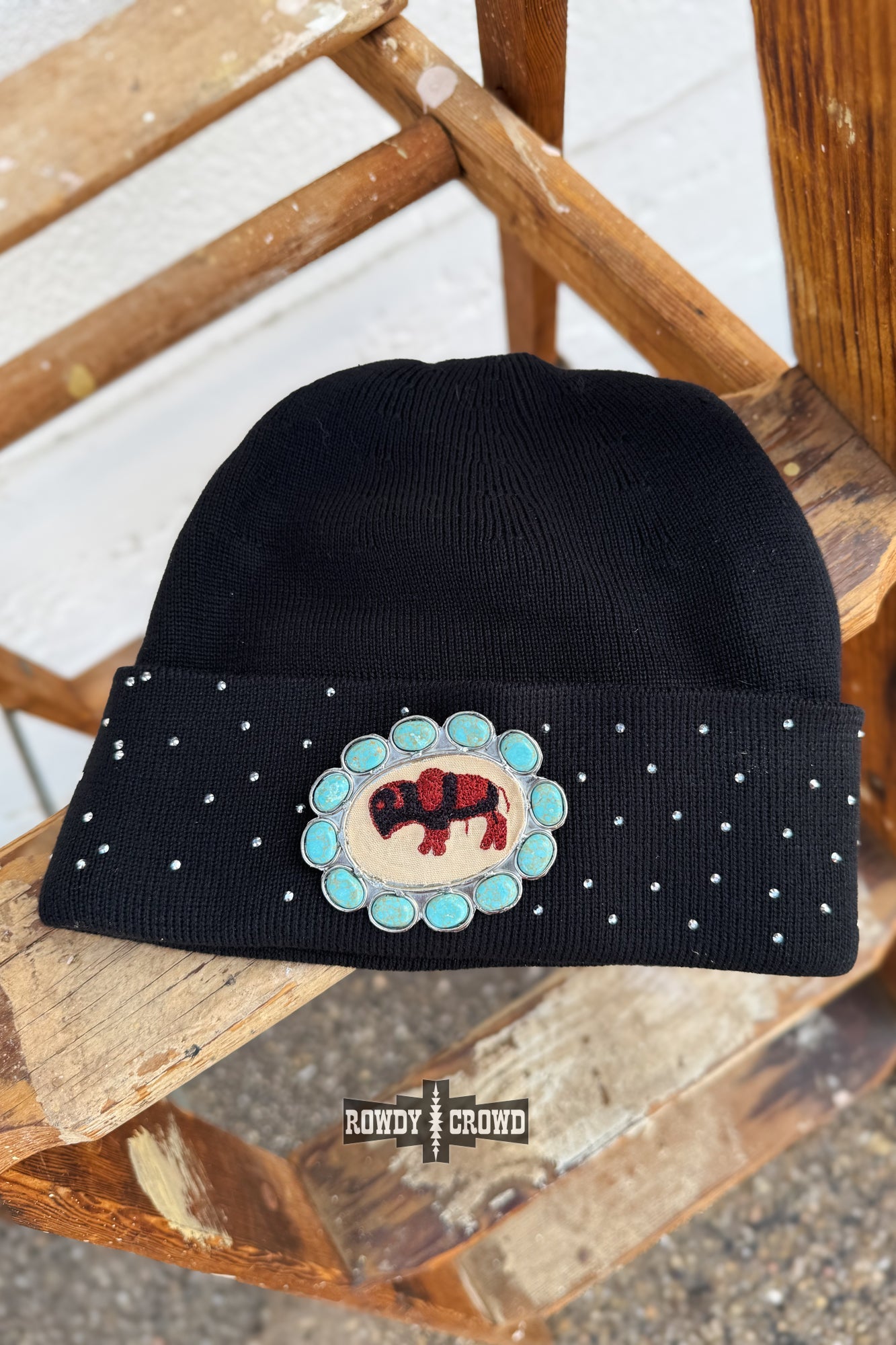 Rowdy Crowd Buffalo Beanie adorned with buffalo and turquoise